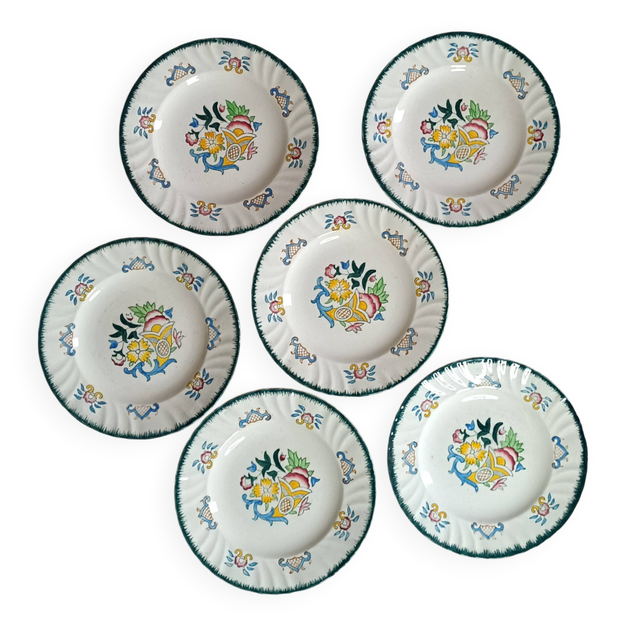 Set of 6 large flat plates Longwy Vieux Rouen vintage