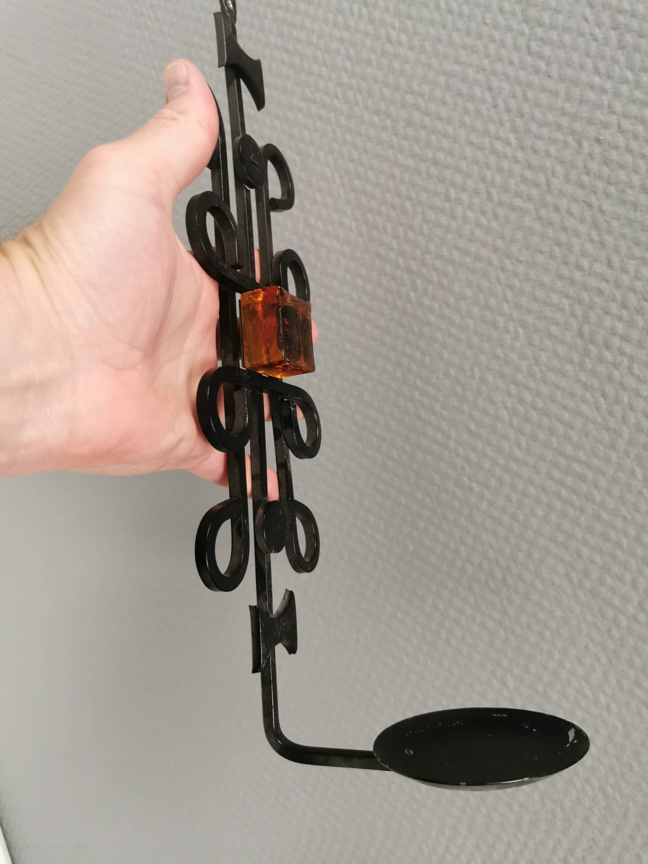 Vintage wall candle holder, wrought iron and  pressed orange/amber glass
