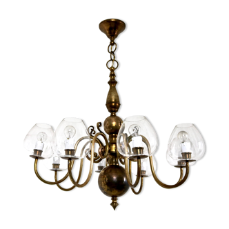 Eight-light brass chandelier with murano glass lampshades, italy