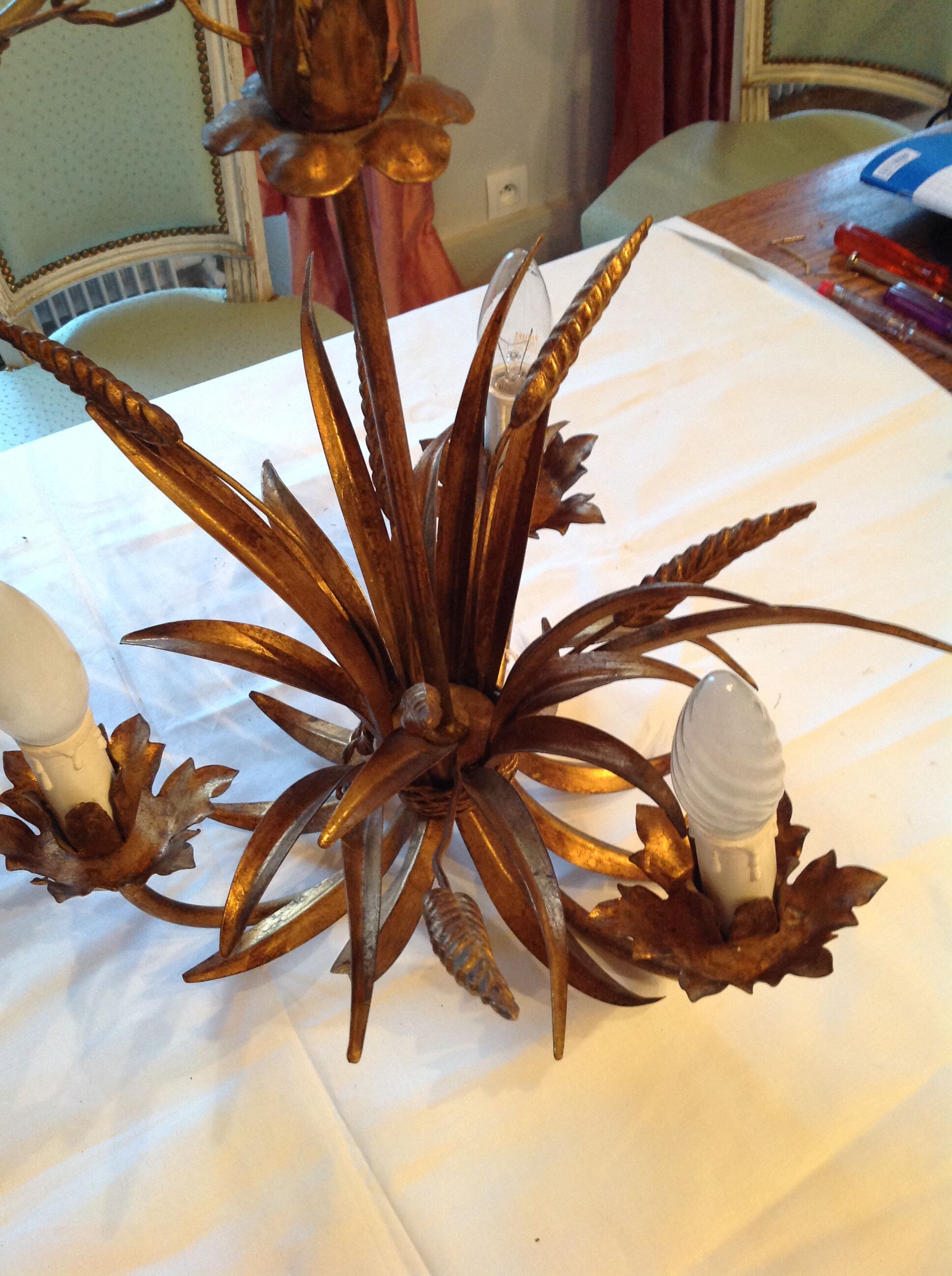 Wheat ear chandelier, 3 fires, gold metal