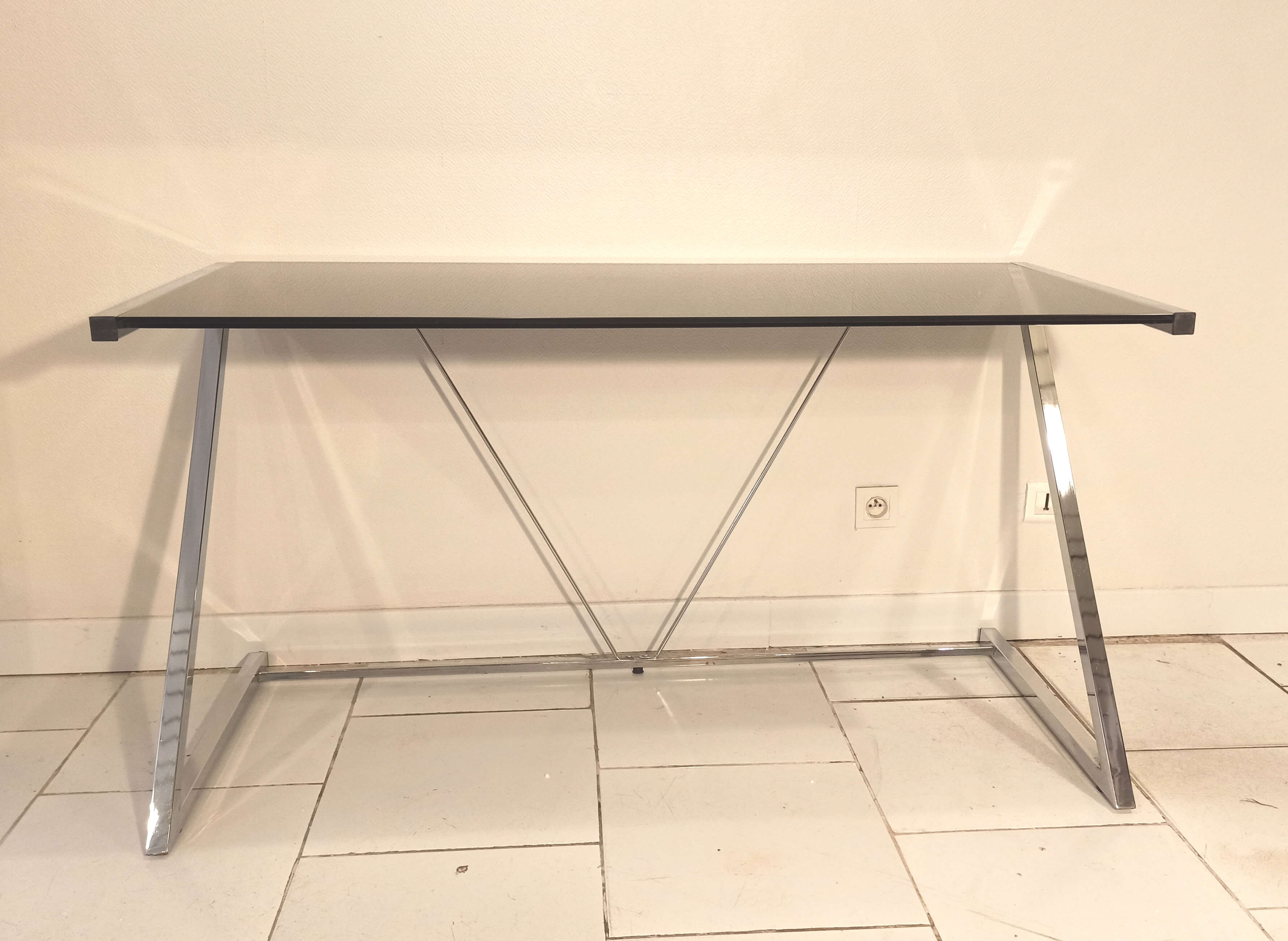 Seventies desk tinted glass top and chrome base