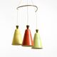 Beautiful large original mid-century 3-arm colorful bag ceiling lamp
