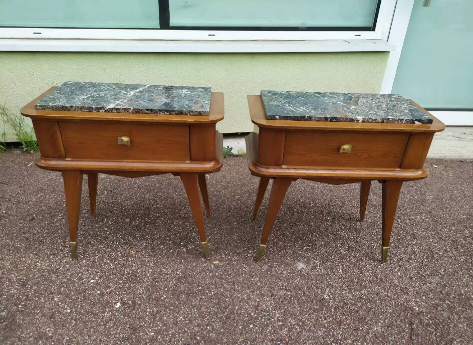 Set of 2 black white marble wood bedside tables with compass legs