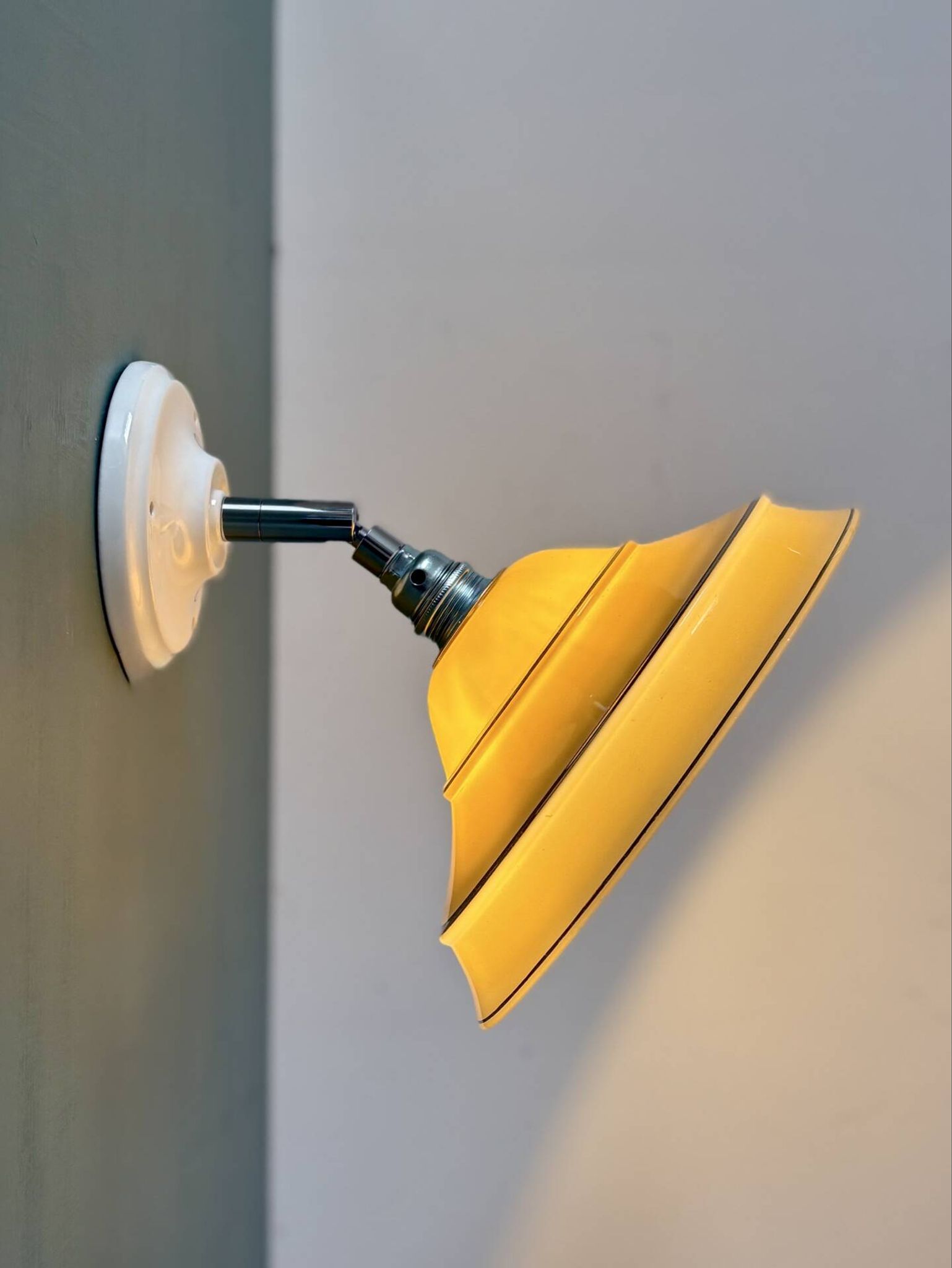 Vintage lampshade in yellow opaline with silver trim.
