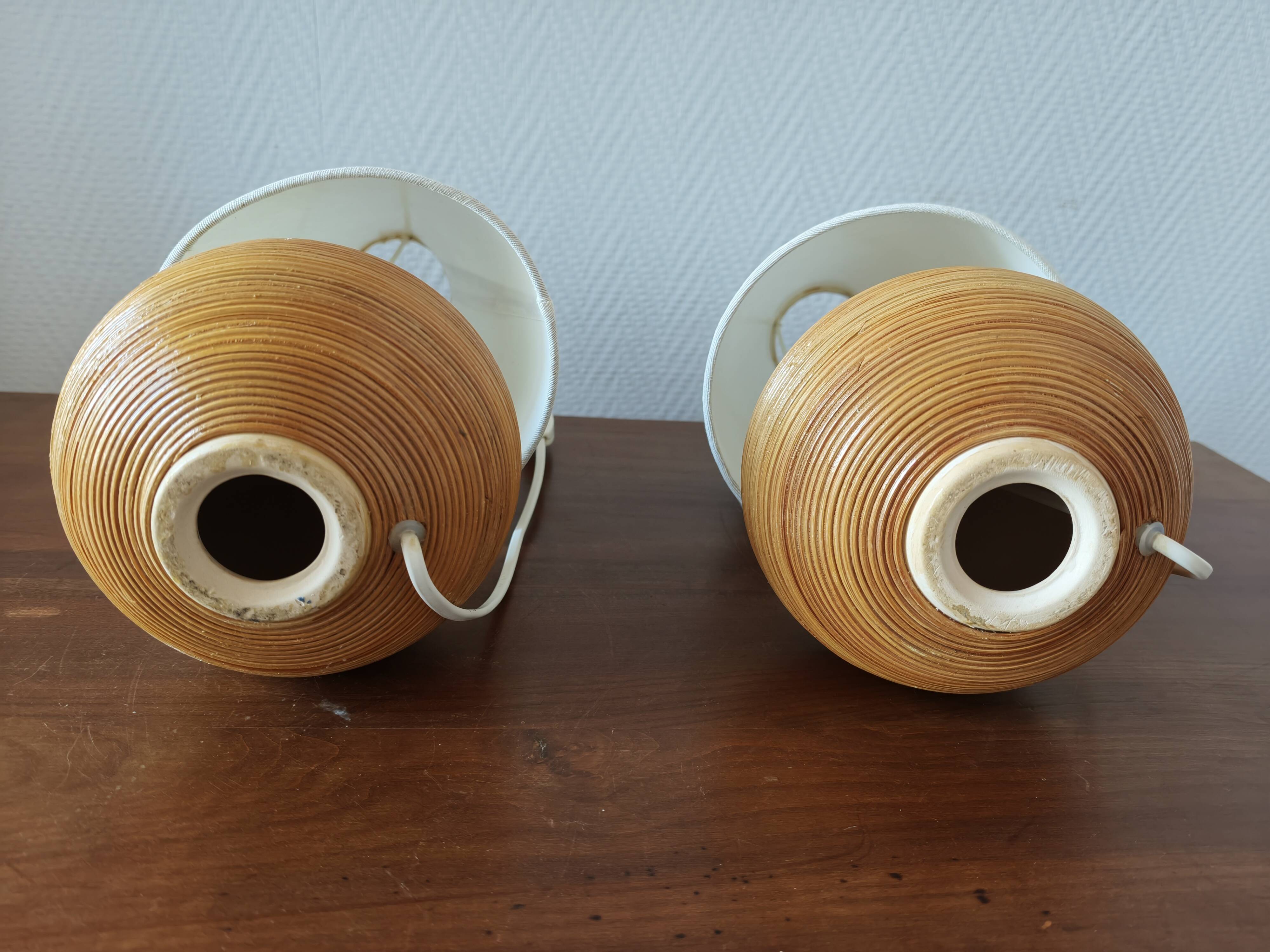 Pair of vintage lamps in rattan and ceramic