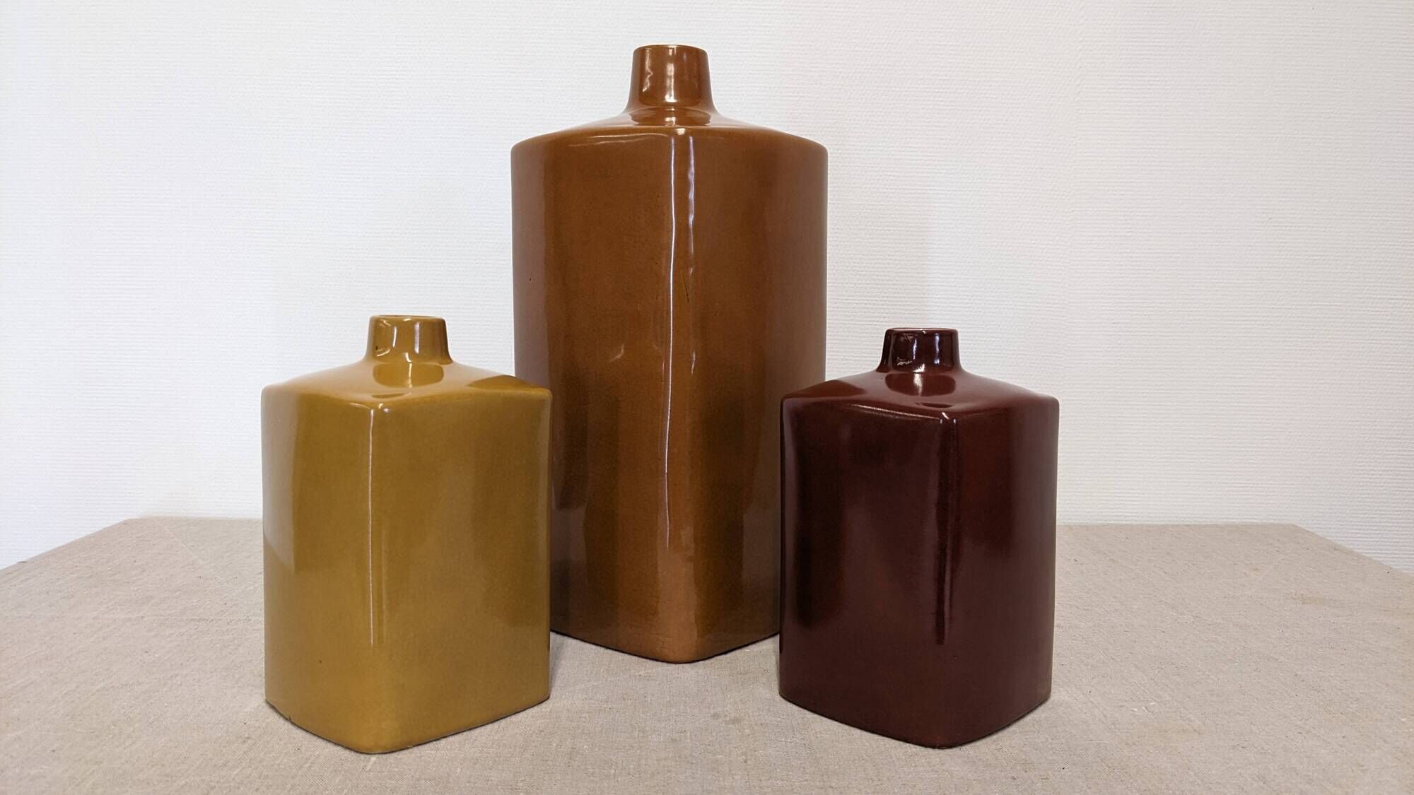 Set of 3 coloured earthenware vases Les Jardins d'Ulysse, France circa 1990