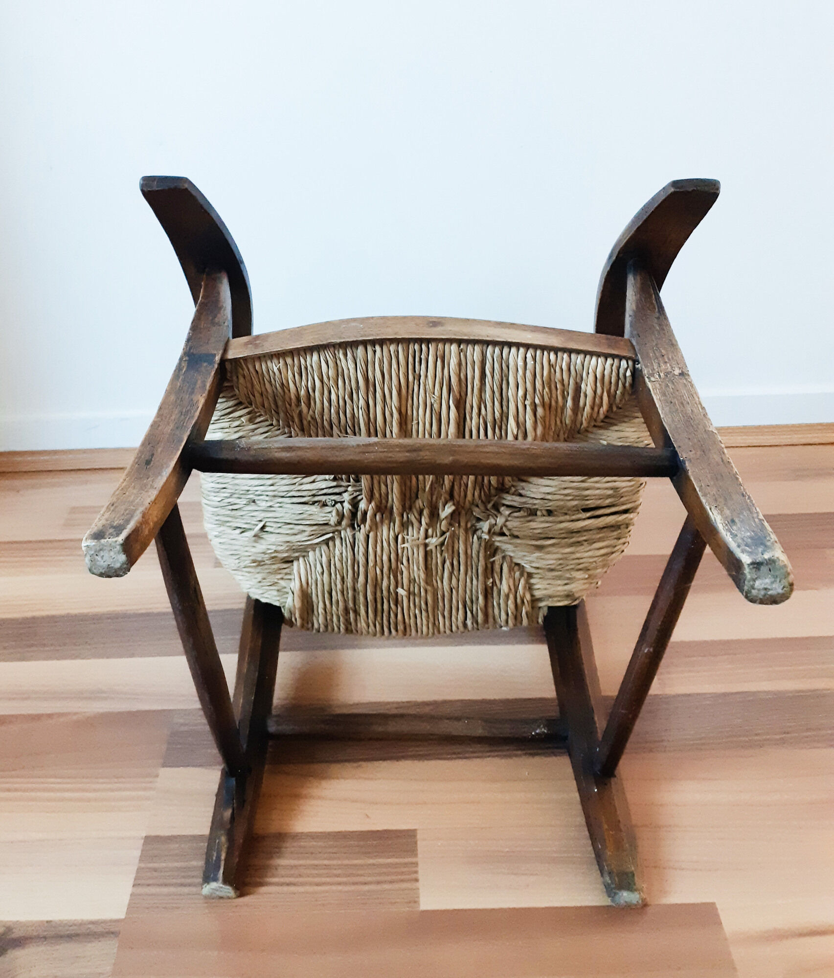 Vintage children's armchair in wood and straw, 50s