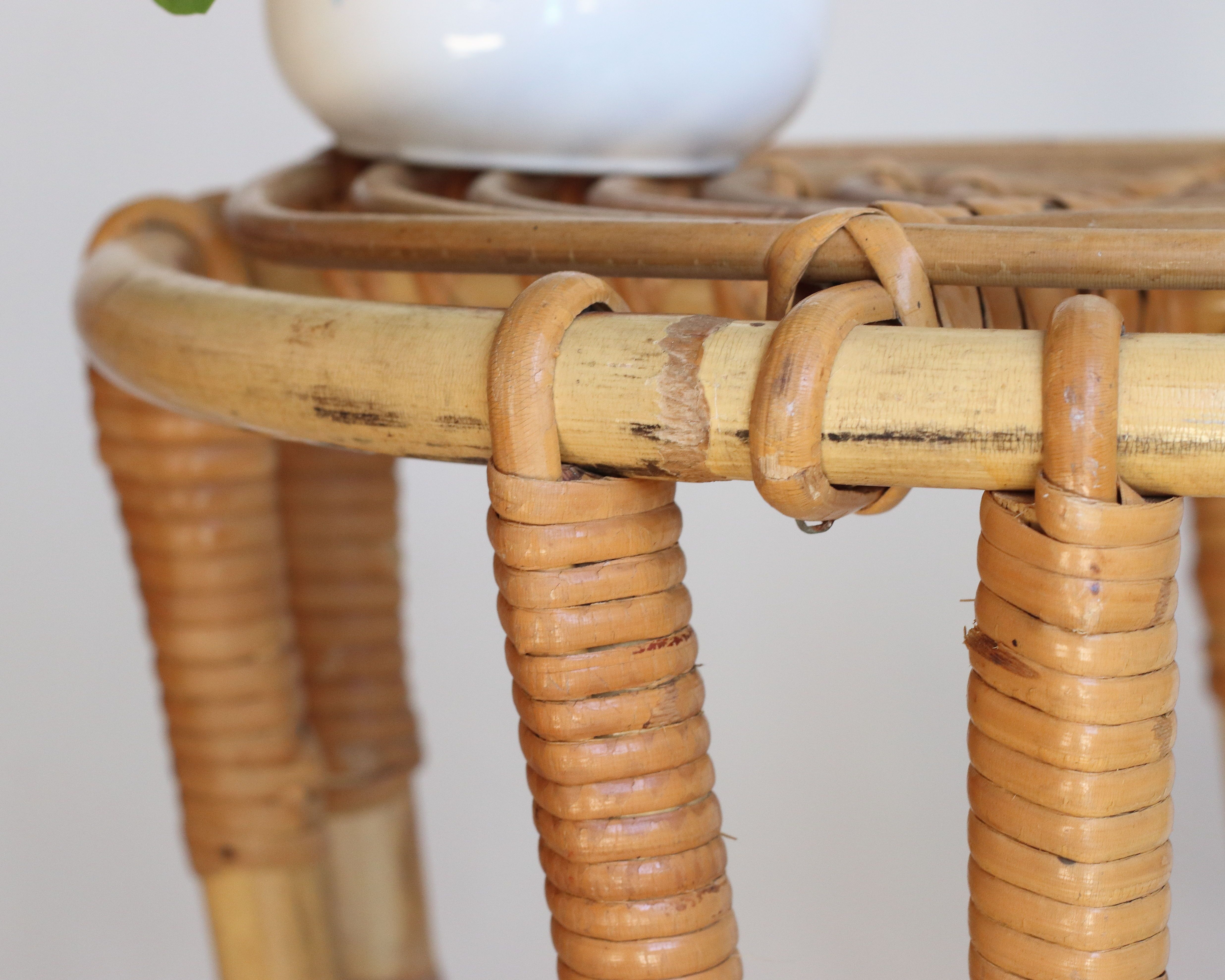Stool-end of sofa-plant holder in rattan of years 60
