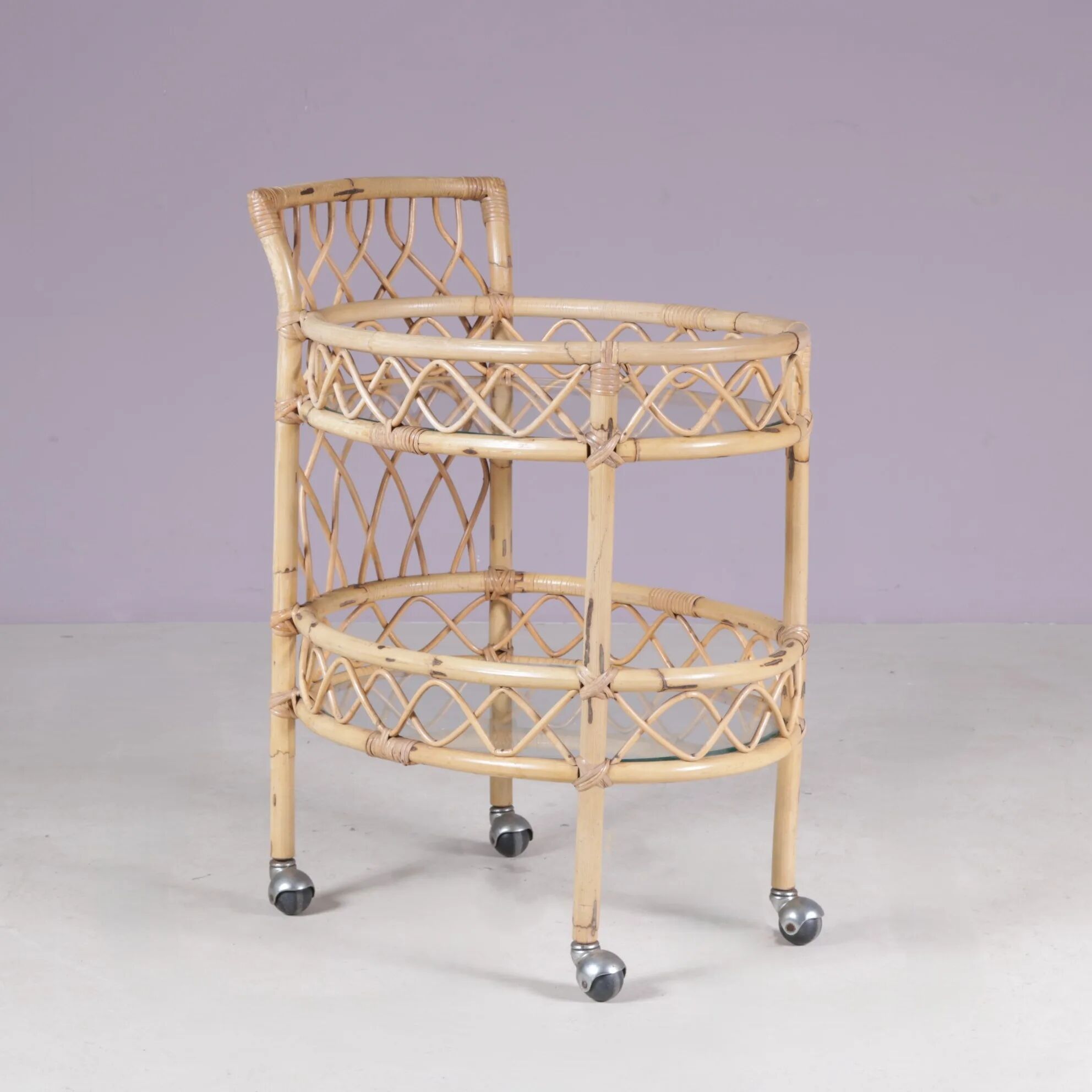 1950s bamboo trolley with two glass tops Italy
