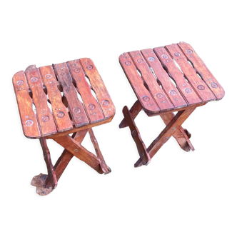 Pair of vintage folding wooden stools from Tyrol mountain
