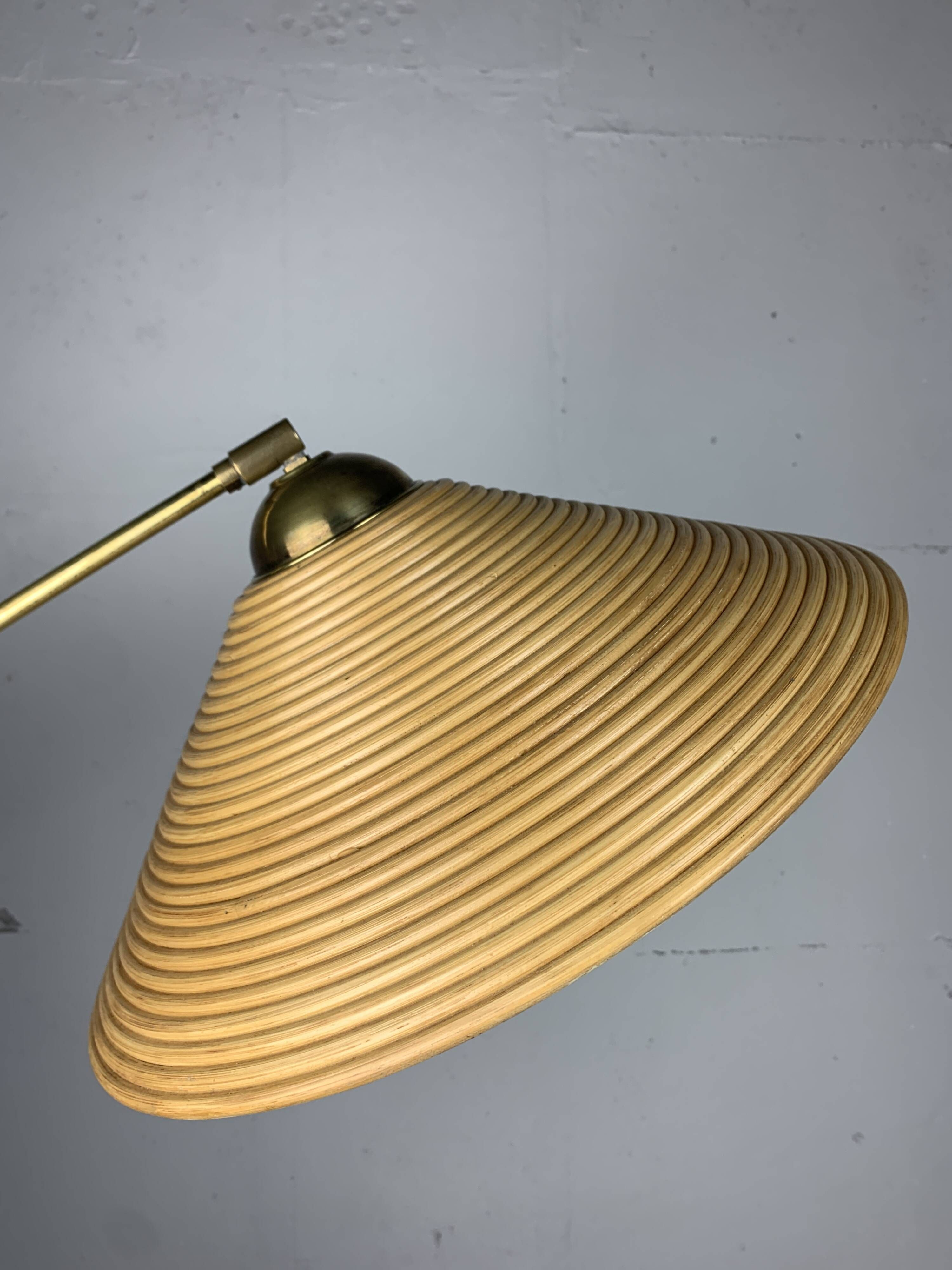 Italian adjustable floor lamp in pencil reed bamboo rattan and brass, 1970s