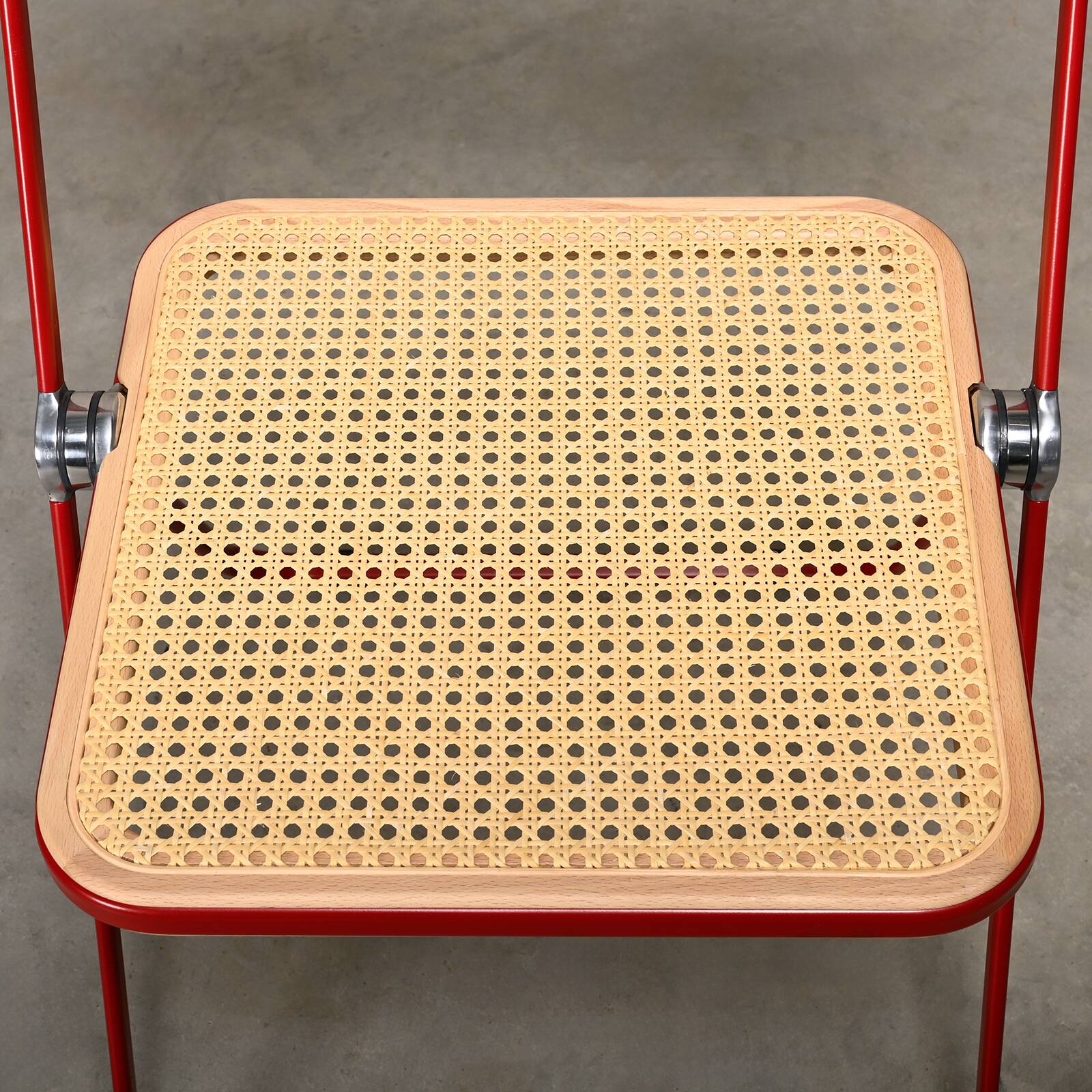 Giancarlo Piretti Plia Folding Chair in Red and Straw for Castelli, Italy
