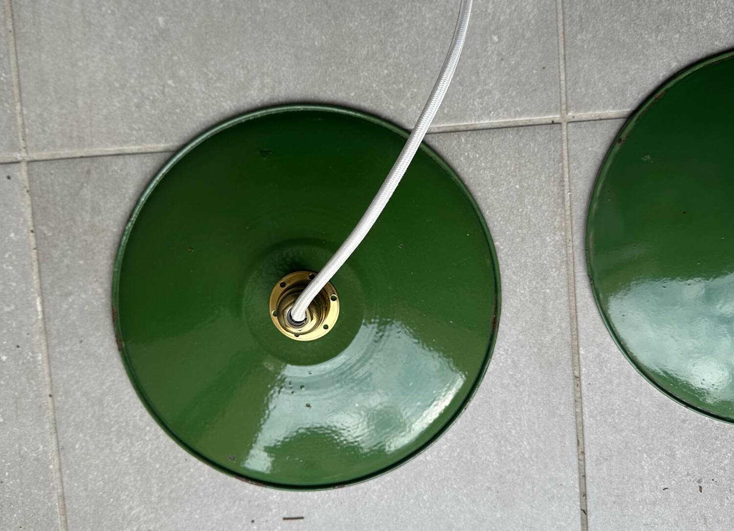 Pair of vintage lampshades, old enamelled sheet metal lampshades
