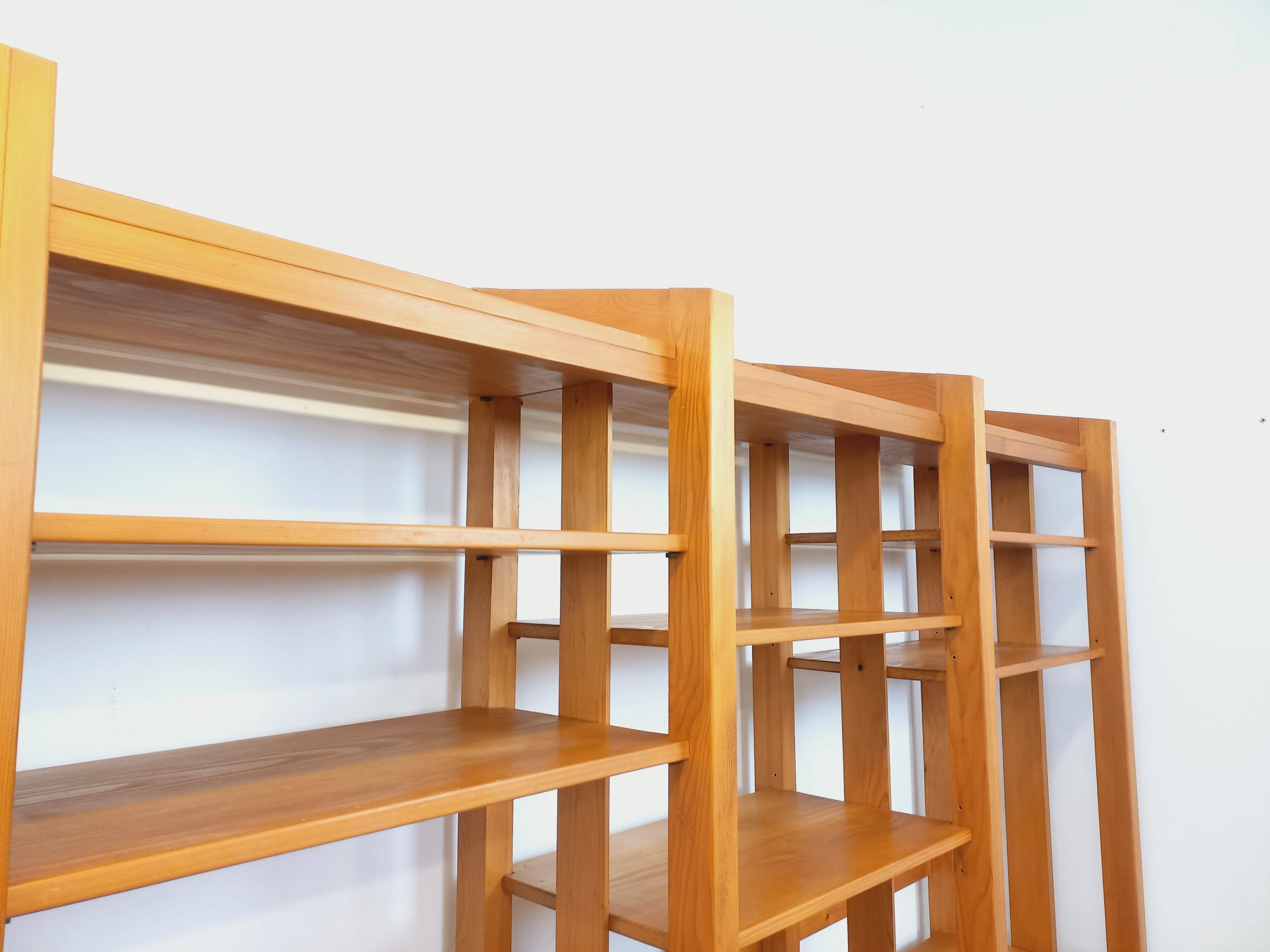 Large modular library of 6 parts with 30 vintage wooden shelves.