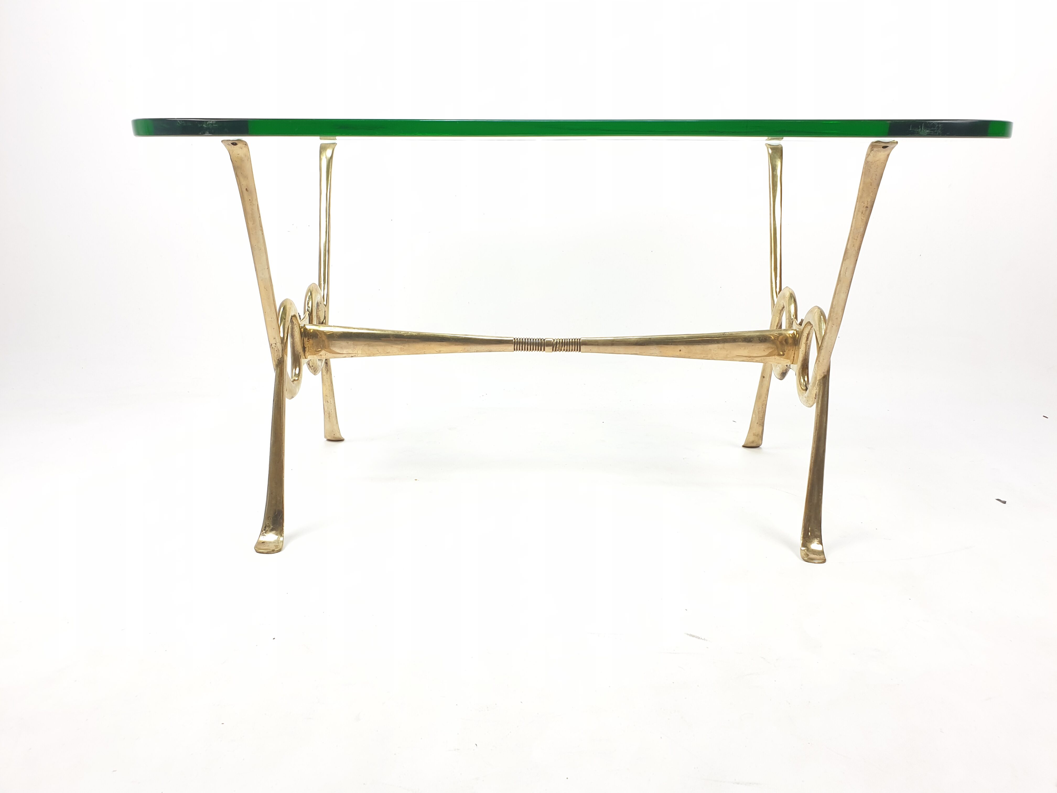 Italian coffee table with etched glass and brass base, 1960