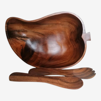 Teak salad bowl and its accessories