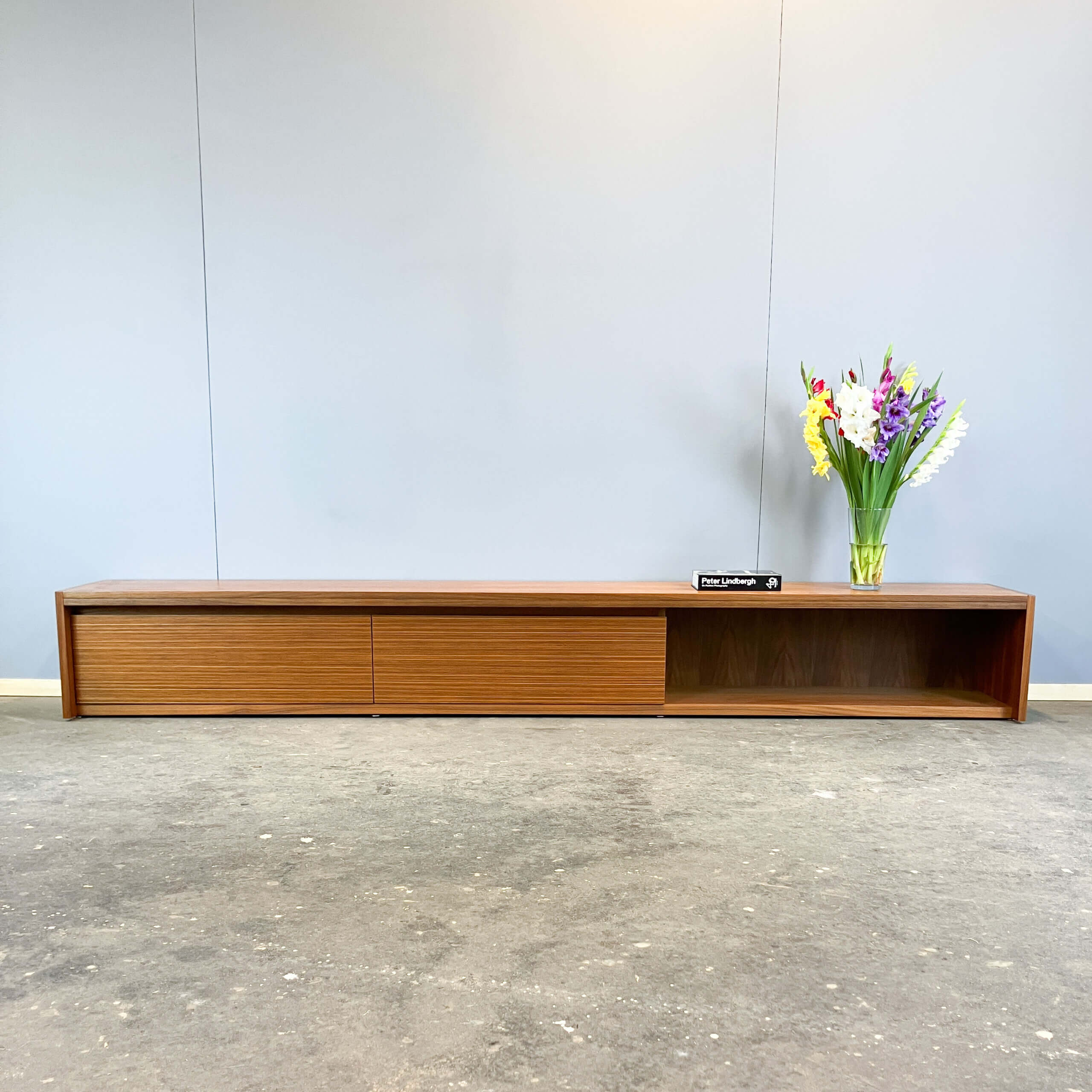 Minimalist XL lowboard, walnut and zebrano, 1960s
