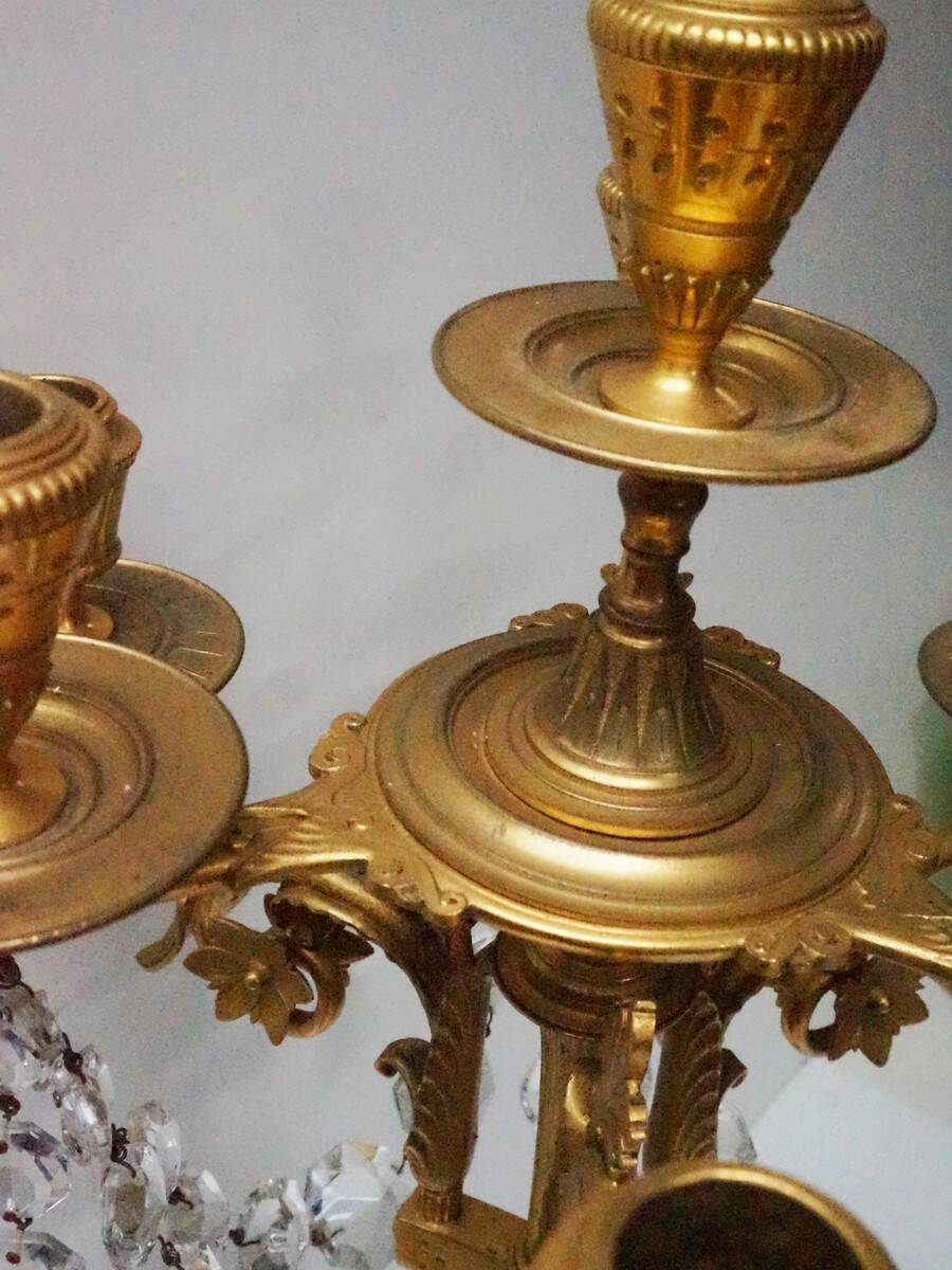 French Empire Neoclassical 7-Light Candelabra in Gilt Bronze and Crystal