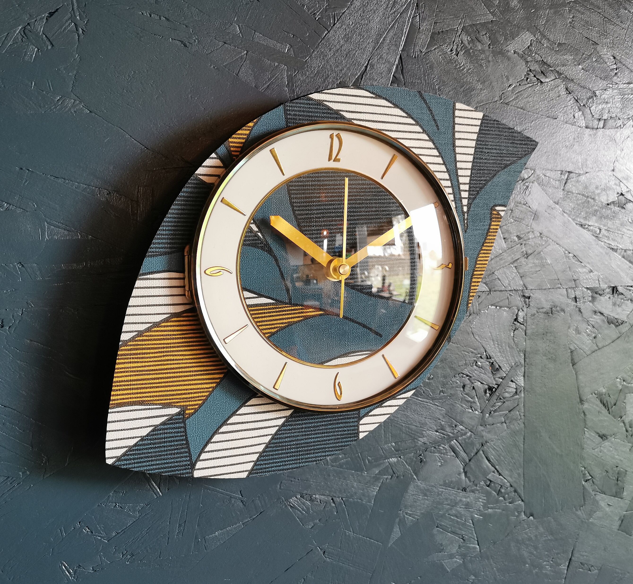 Vintage clock asymmetrical silent wall clock "Blue white ochre"