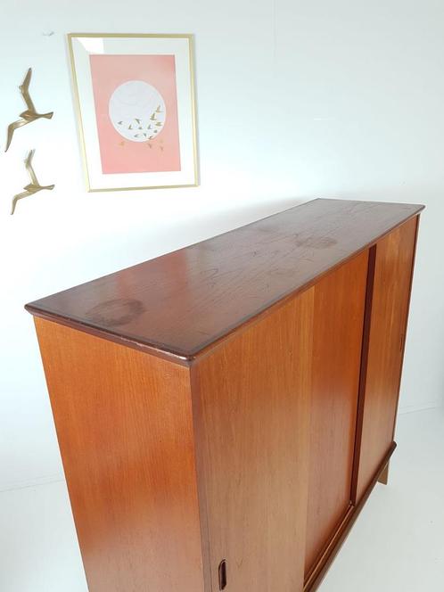 Sideboard high Danish teak veneer vintage sliding doors