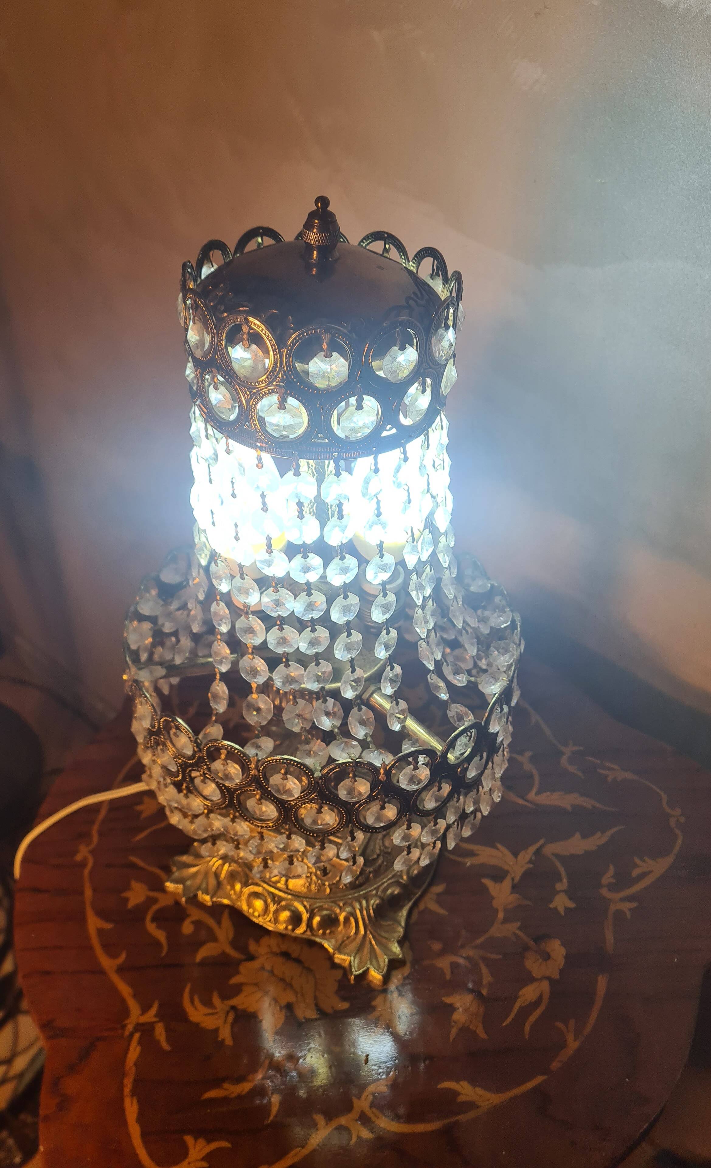 Bronze and brass table lamp 40x20 with crystal glass pendants from the 1940s to 1950s