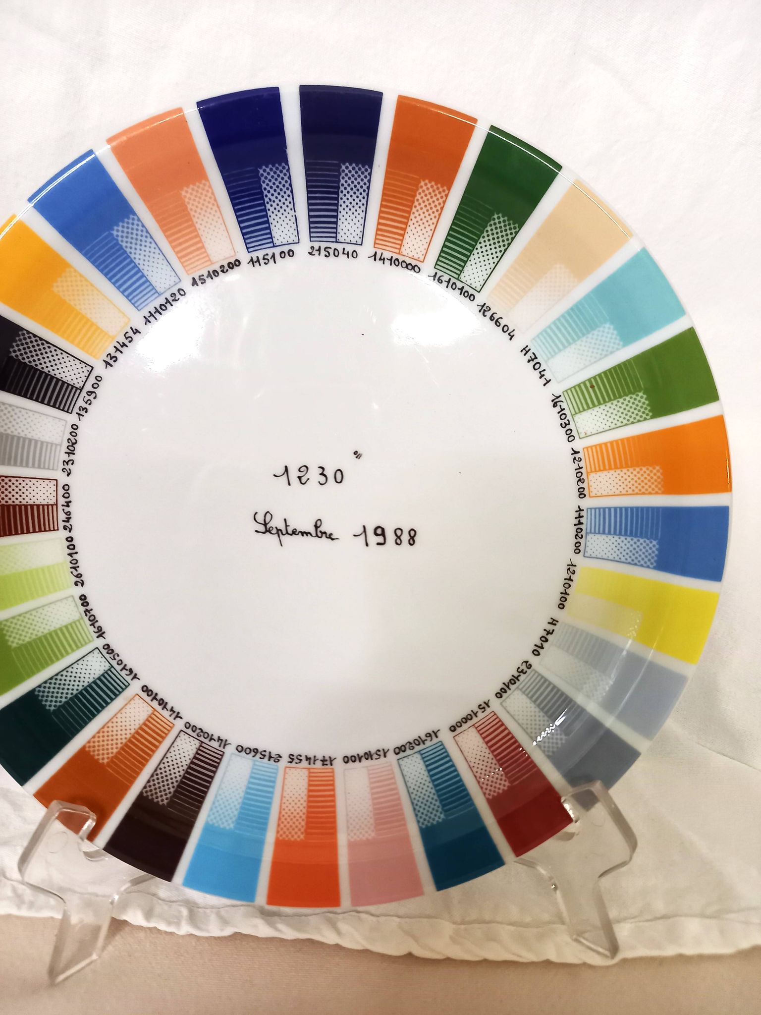 Pillivuyt porcelain plate, color palette, Pantone color chart, dated September 1988