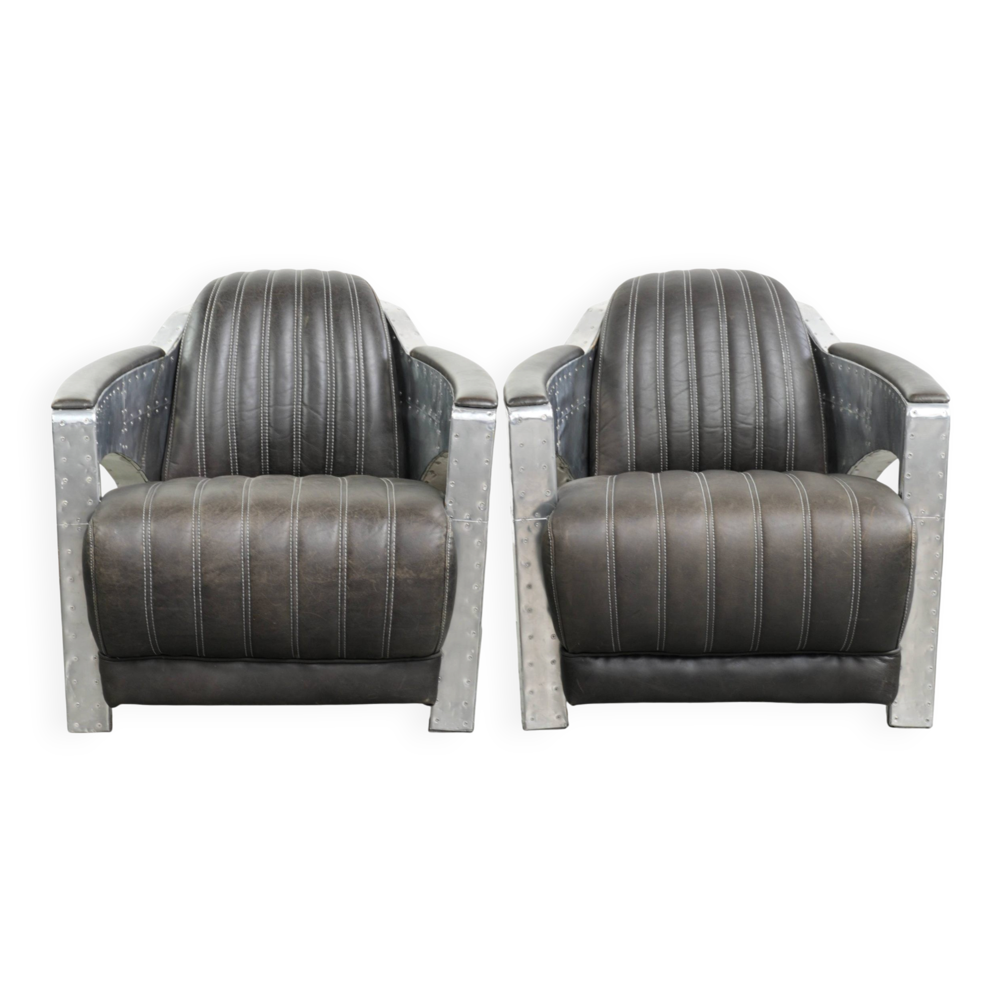 Set of 2 sturdy industrial black cowhide Aviator design armchairs with aluminium and rivets