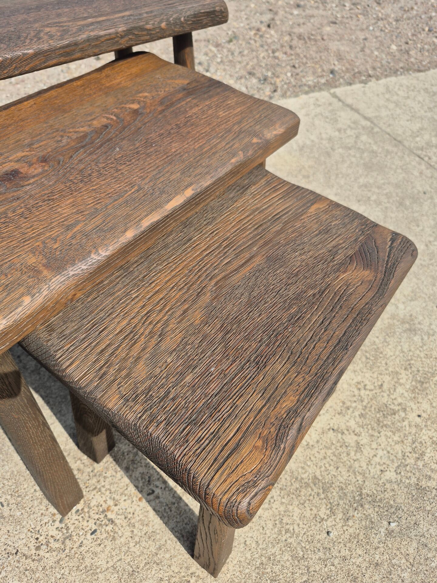 Set 3 nesting tables oak high legs 1970s dark brutalist