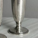 Pair of single-flower vases in patinated silver metal