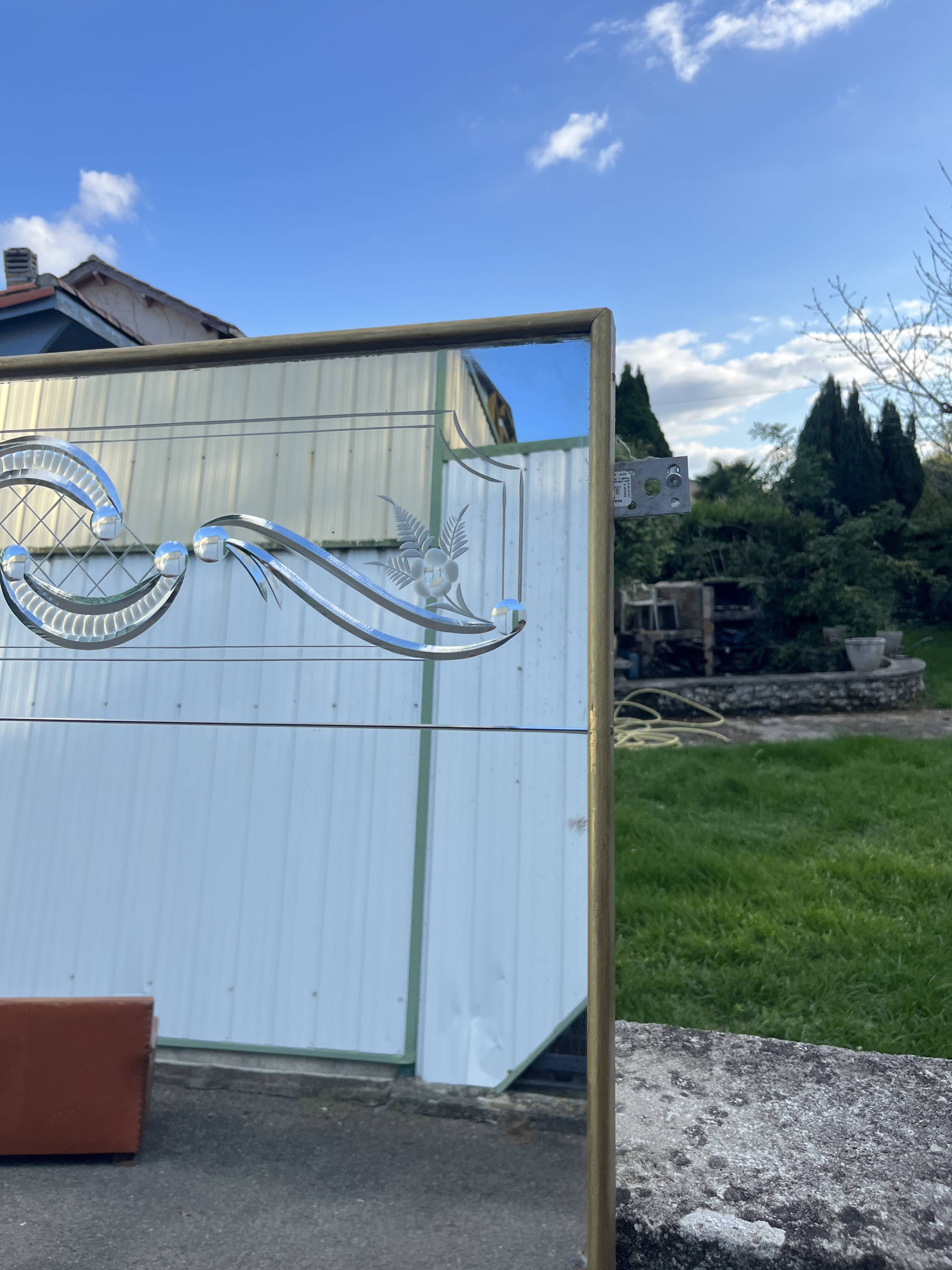 Large Venetian style mirror with engraved decoration and gilded frame 184 cm