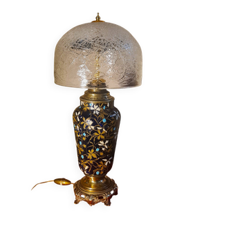 ceramic lamp in Gien style, and bronze, 54x25 with glass shade