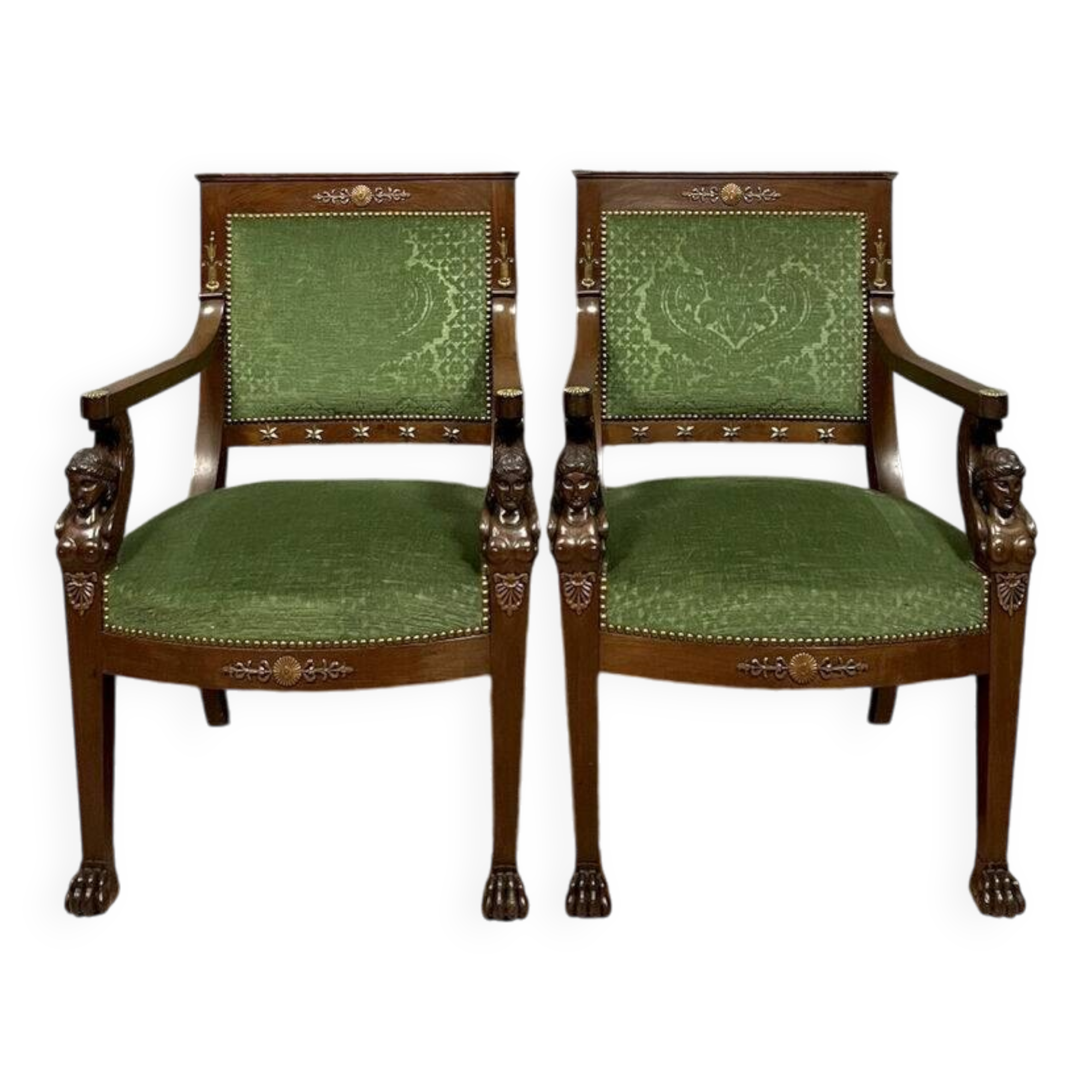 Pair of Empire-Consulate armchairs in molded and carved mahogany