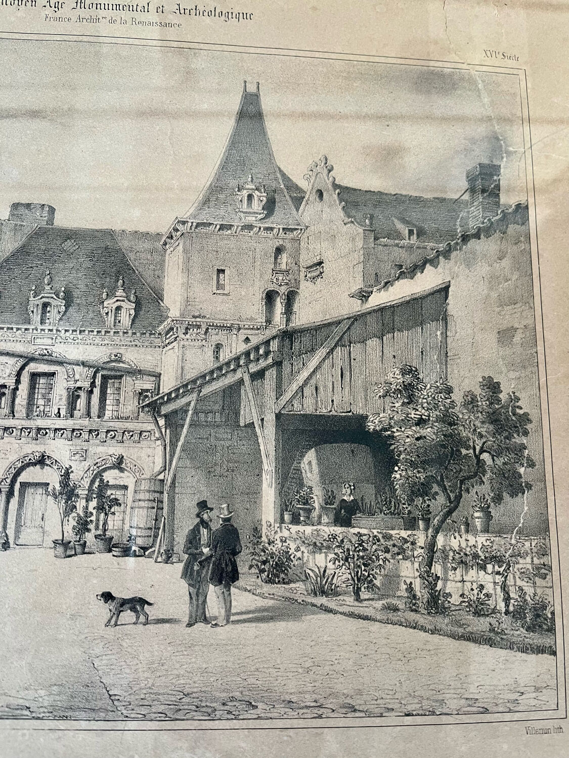 Old lithograph engraving House of Henry II and Diana of Poitiers