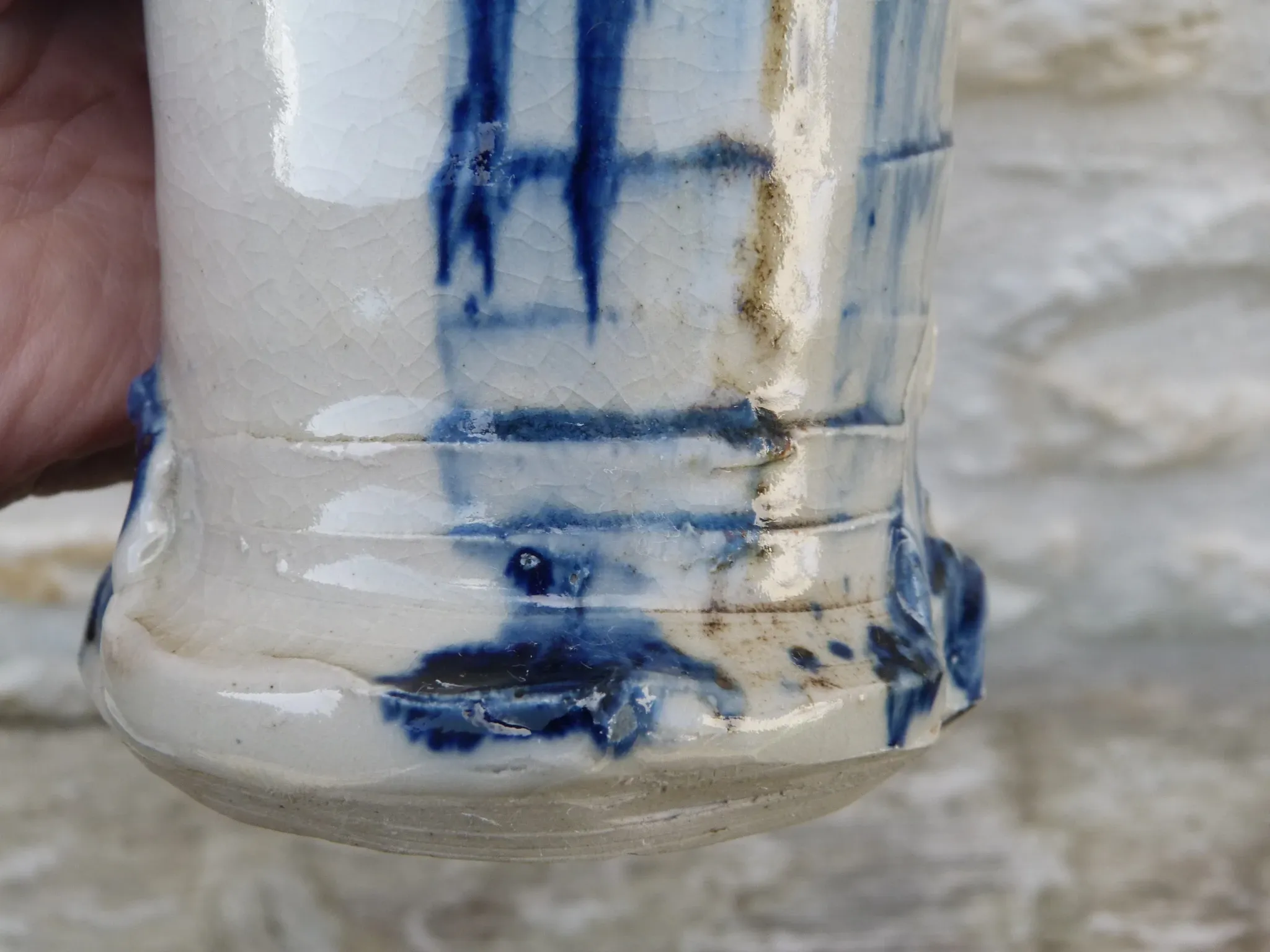 Vintage 1950 Brutalist vase in pottery with blue glazes, signed Blaso.