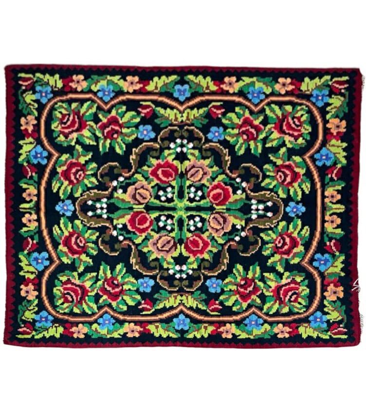Floral transylvanian rug handwoven in romania, colorful flowers