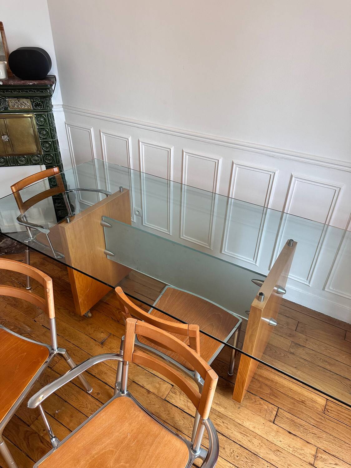 Italian architect's table Segis, 14 mm glass / wood / steel, fine year