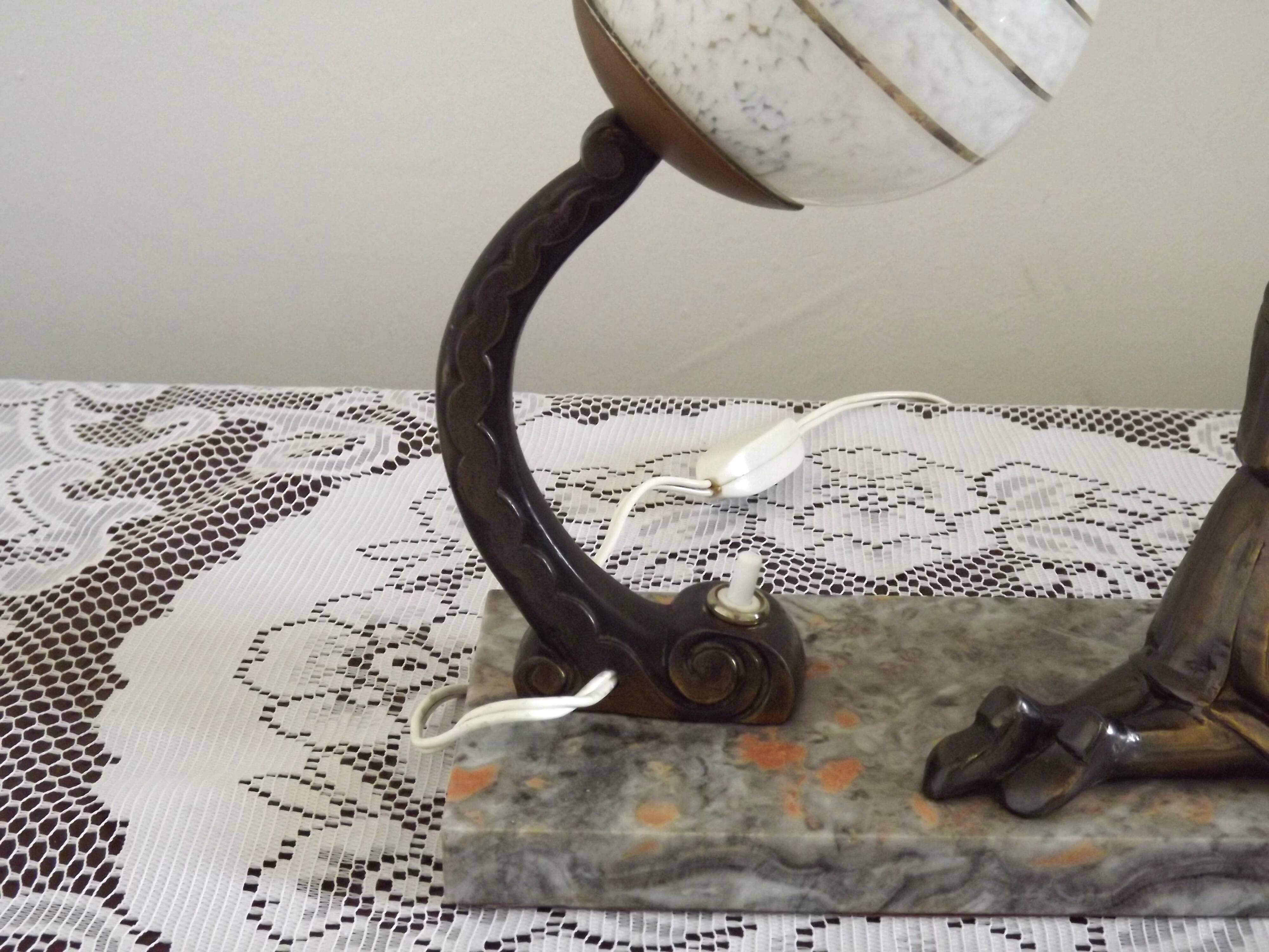 French Art Deco Table Lamp – Kneeling Girl with Dog & Clichy Glass Shade