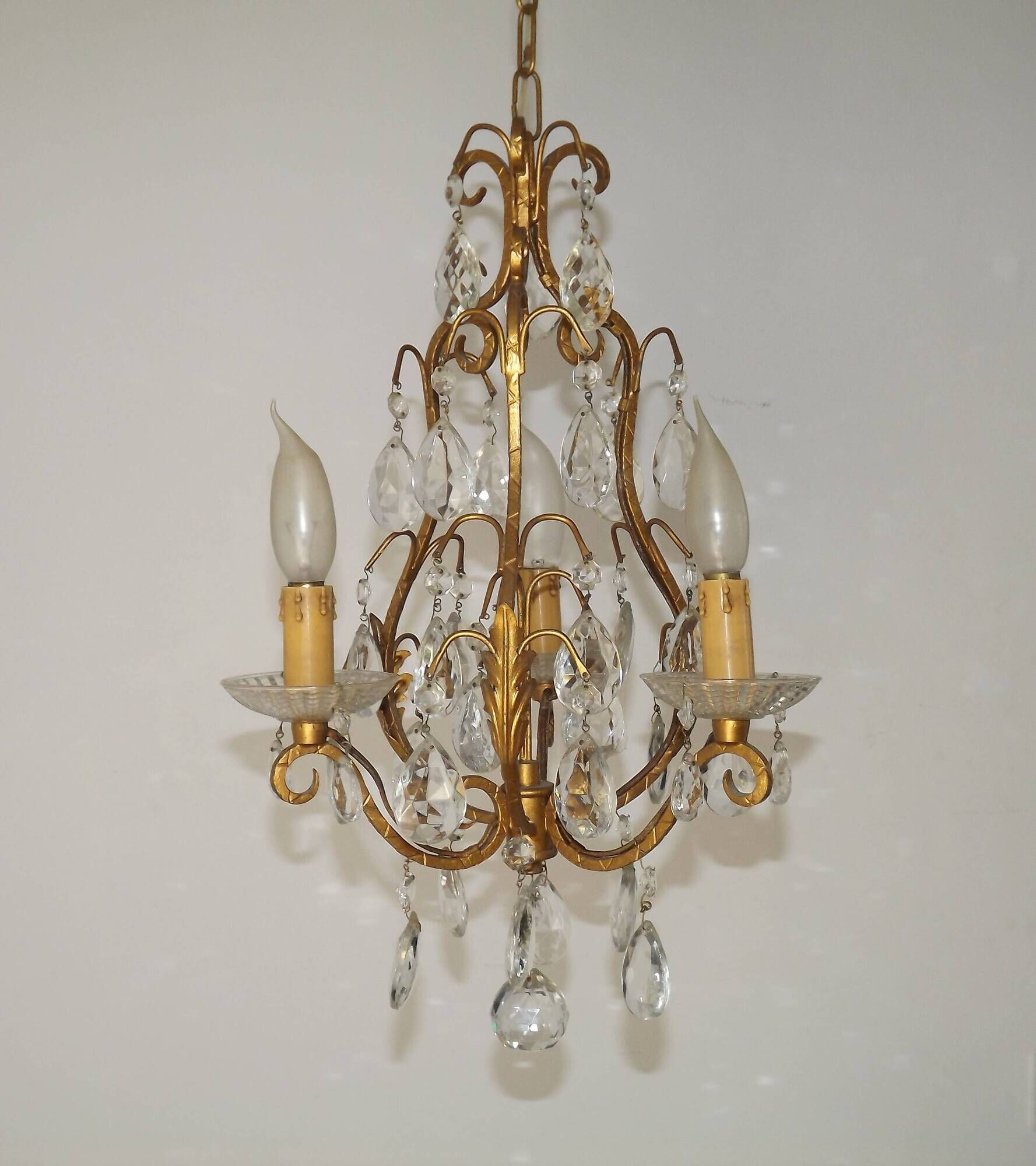 French Vintage Goldtone Metal & Crystal 3 Light Cage Chandelier 5502