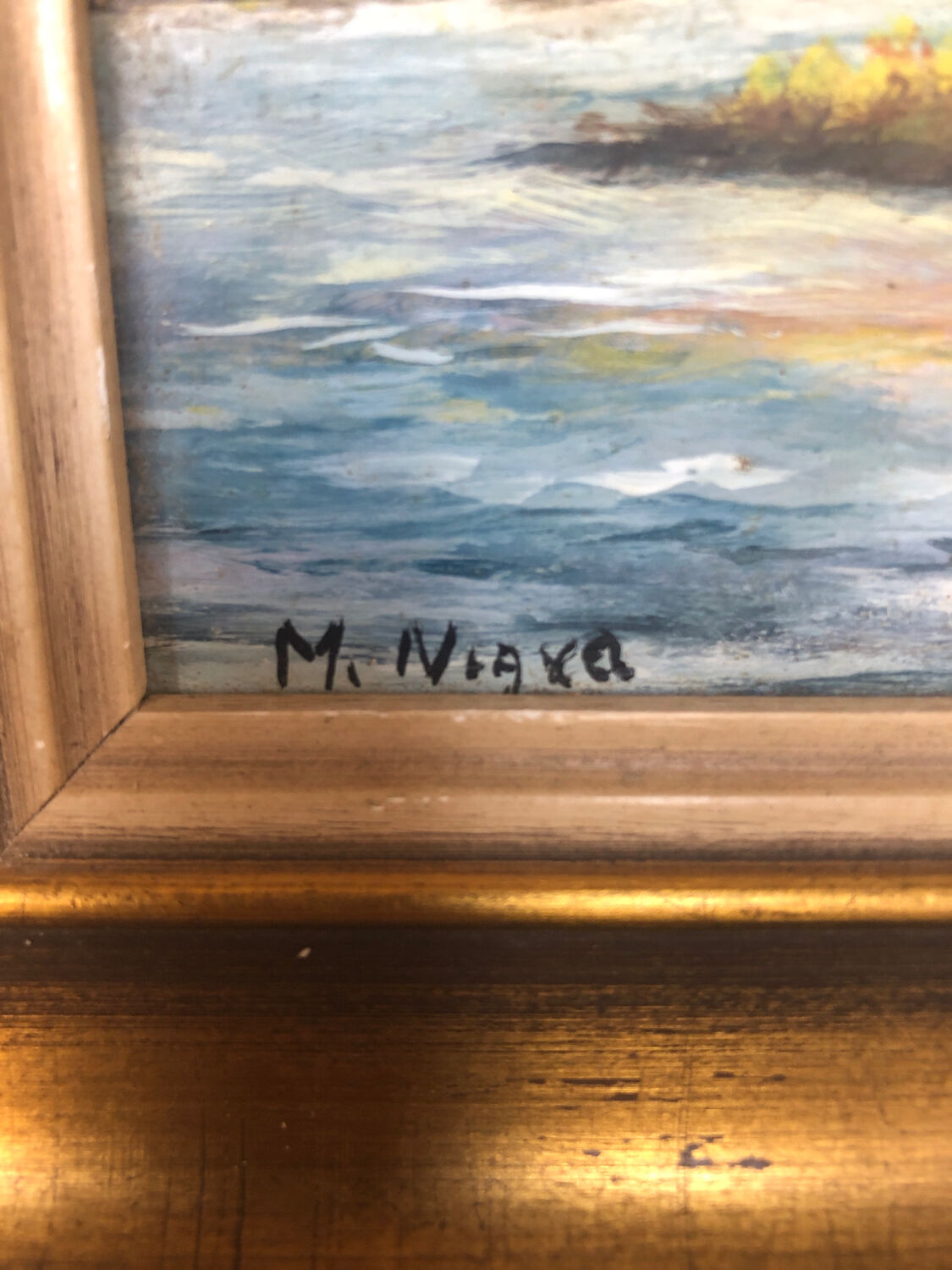 Oil painting on panel M. NIAVEL View house by river + gilded frame #A214