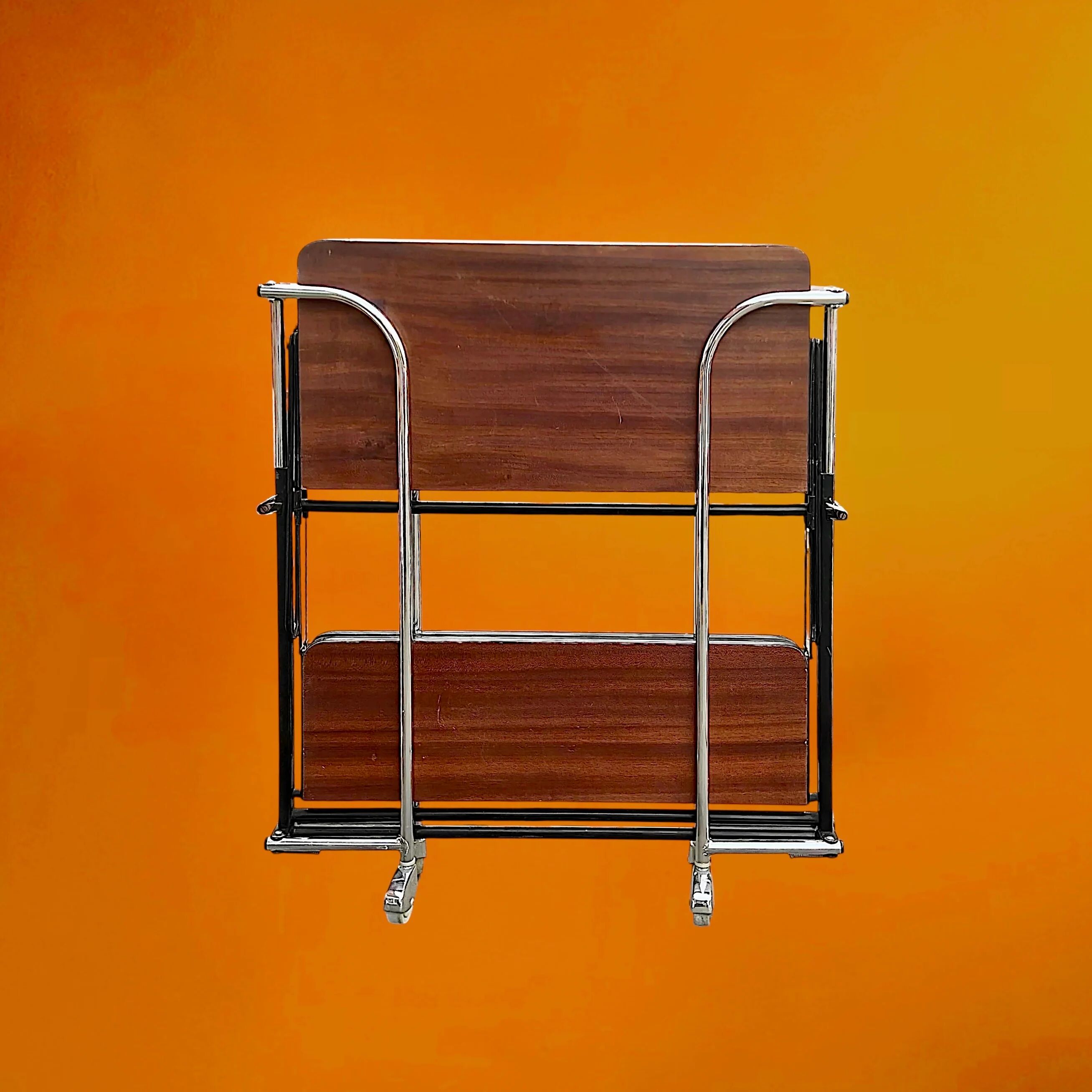 Folding rolling dessert trolley in white formica and chrome metal – 1950s-60s