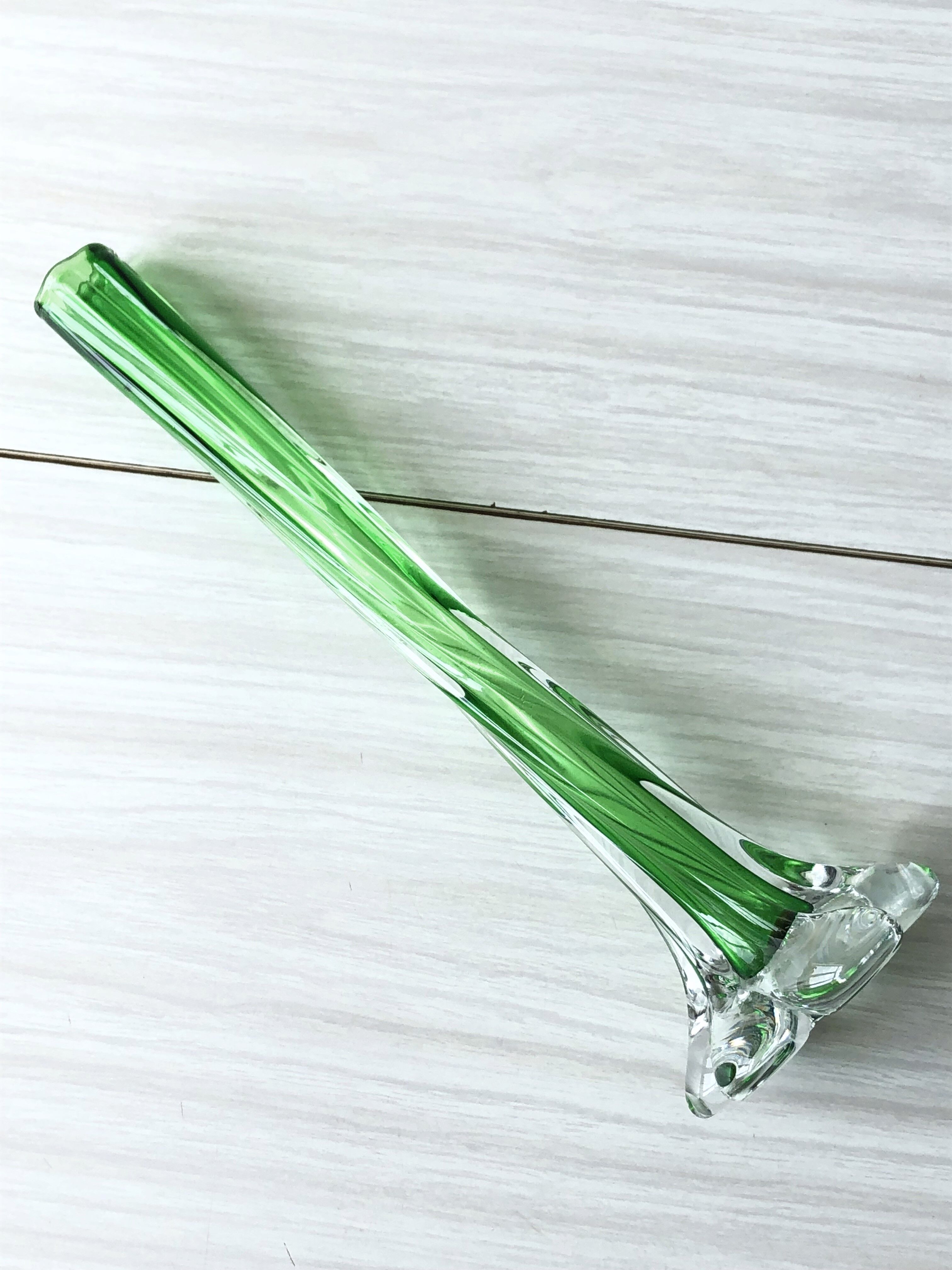 Translucent glass soliflora, long spiral twisted vase with flower-shaped foot