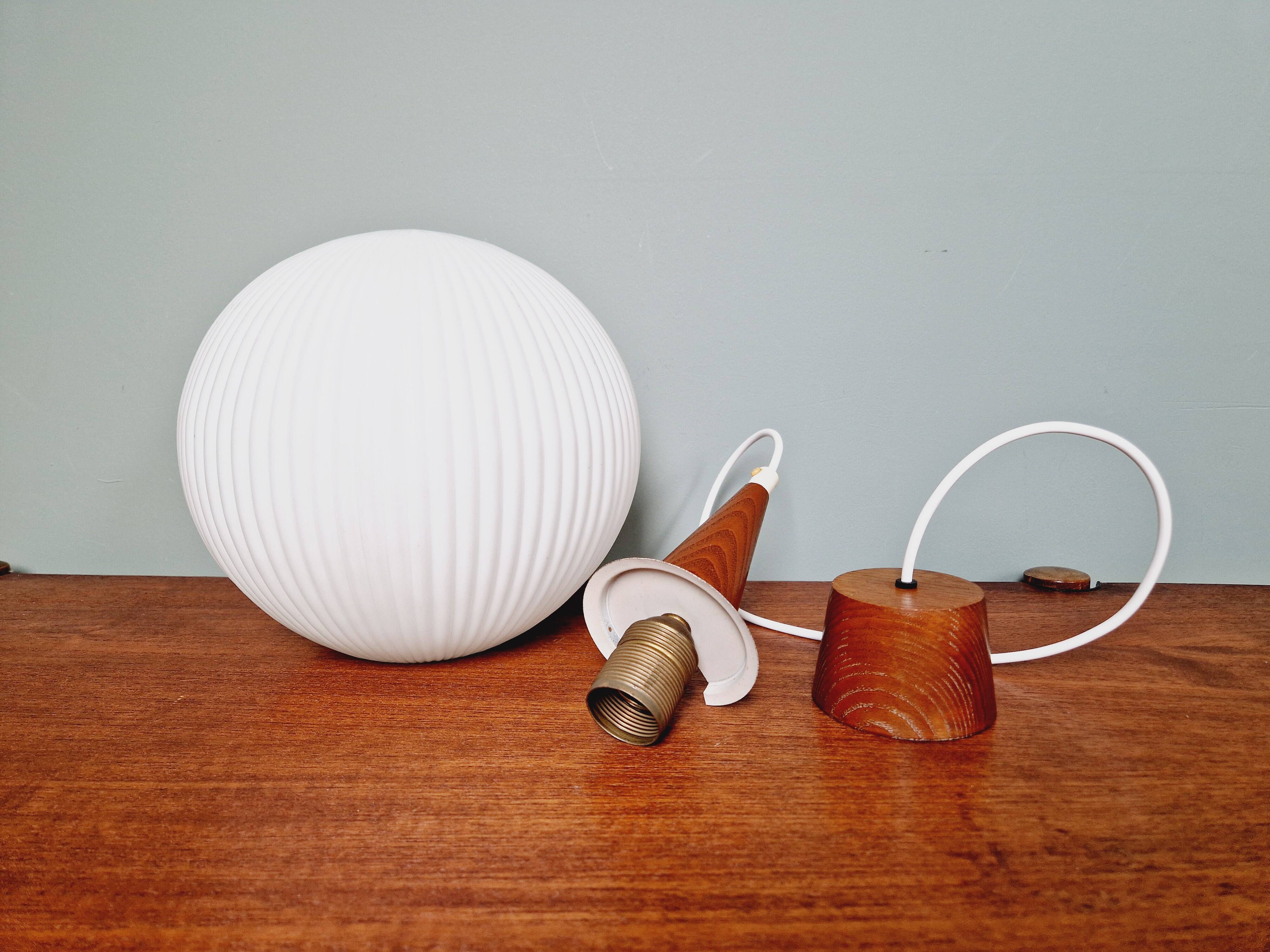 Scandinavian teak and white satin glass pendant light, 1960s