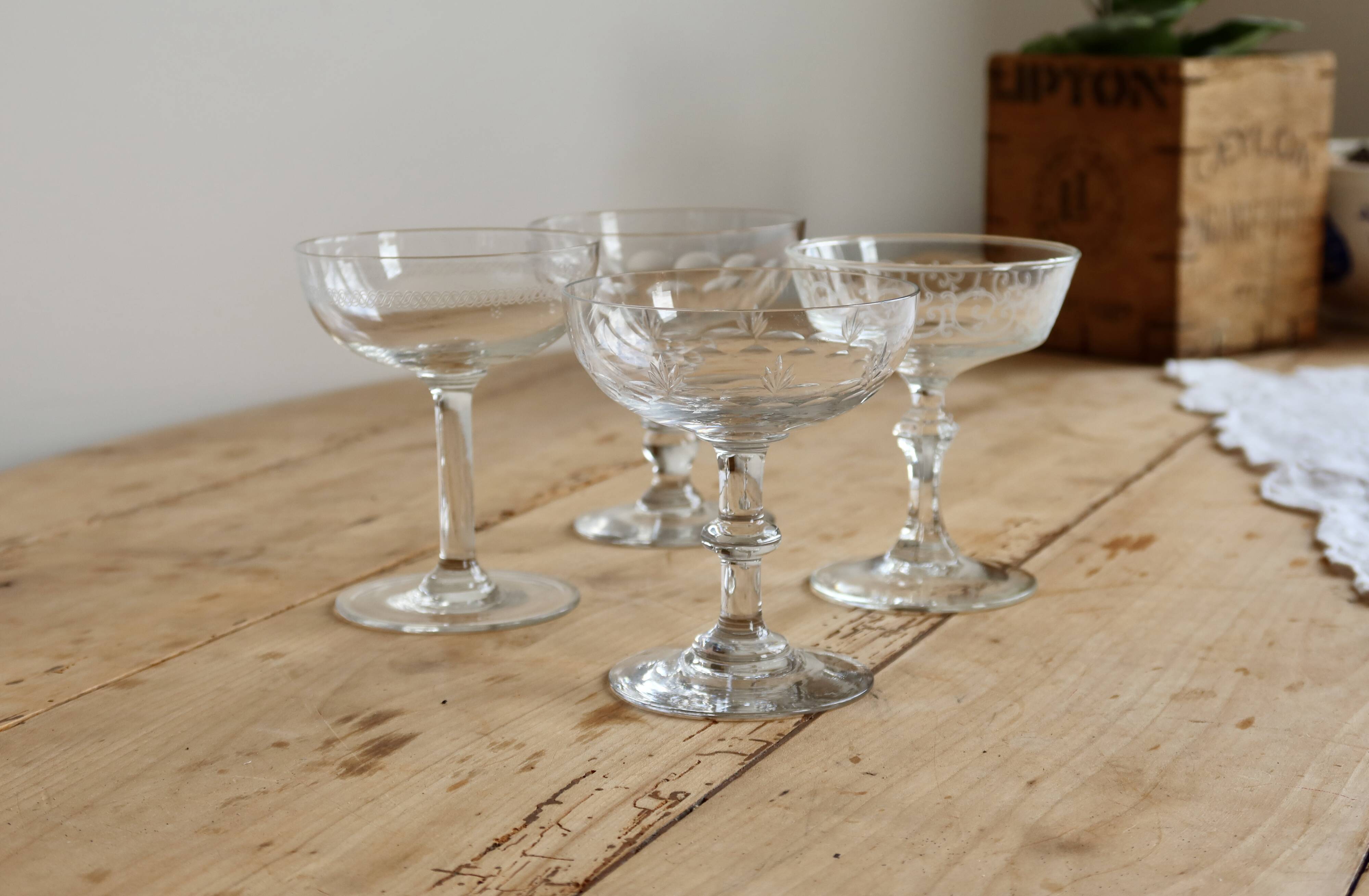 Vintage mismatched crystal cut champagne coupes - 1950s