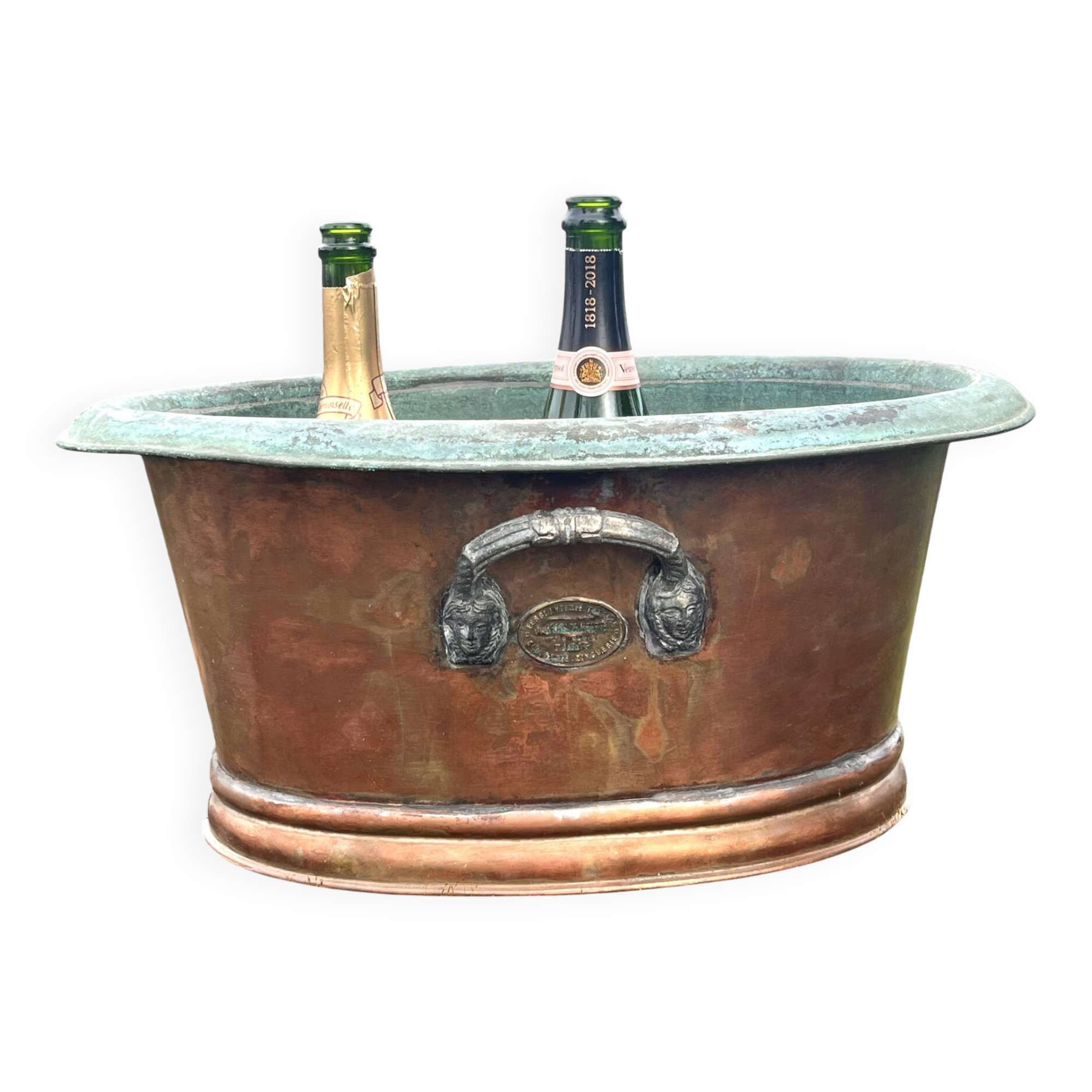 Antique Copper Jardinier, French Vasque, Art Nouveau Mask Handles