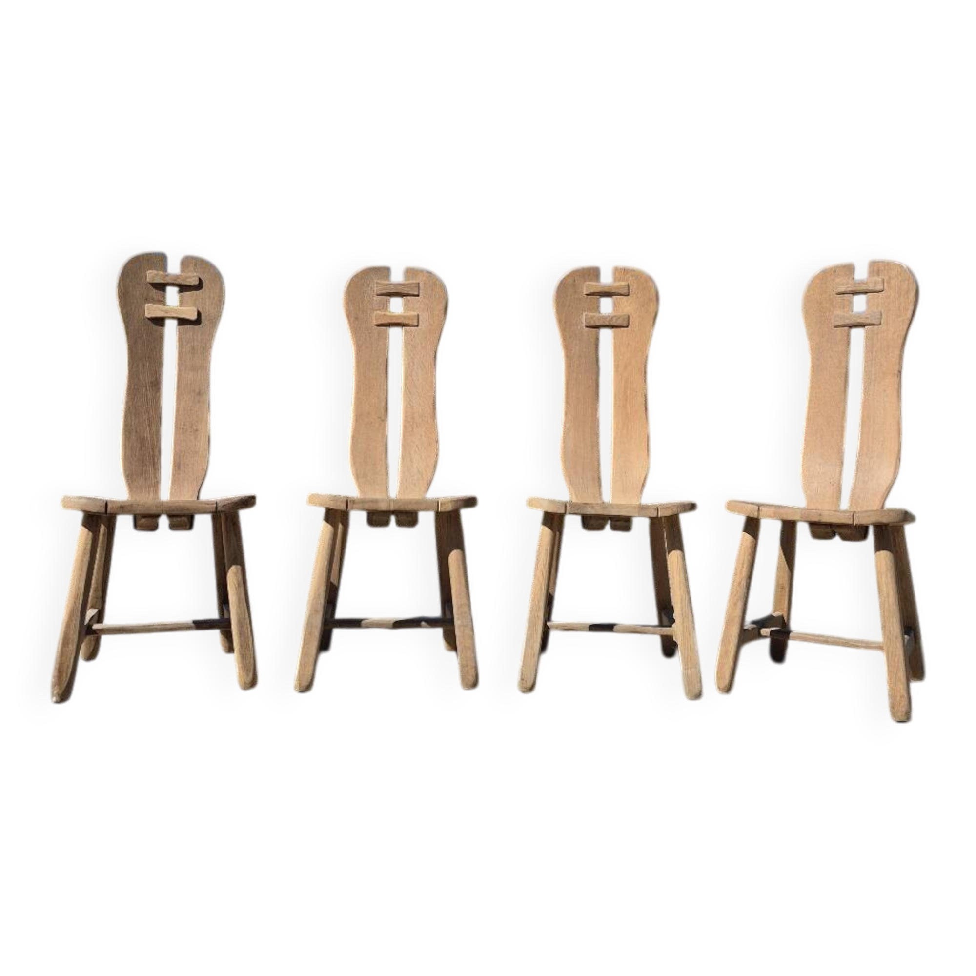 Set 4 vintage brutalist dining chairs De Puydt Belgium solid oak