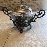 Silver-plated metal and crystal sugar bowl