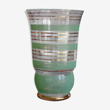 Vase verre granité vert amande et doré 1950