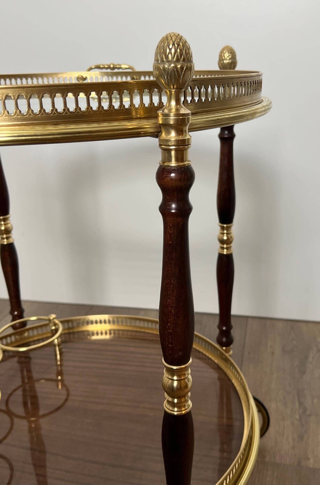 Oval Rolling Table in Brass and Mahogany with Openwork Gallery and Bottle Holder