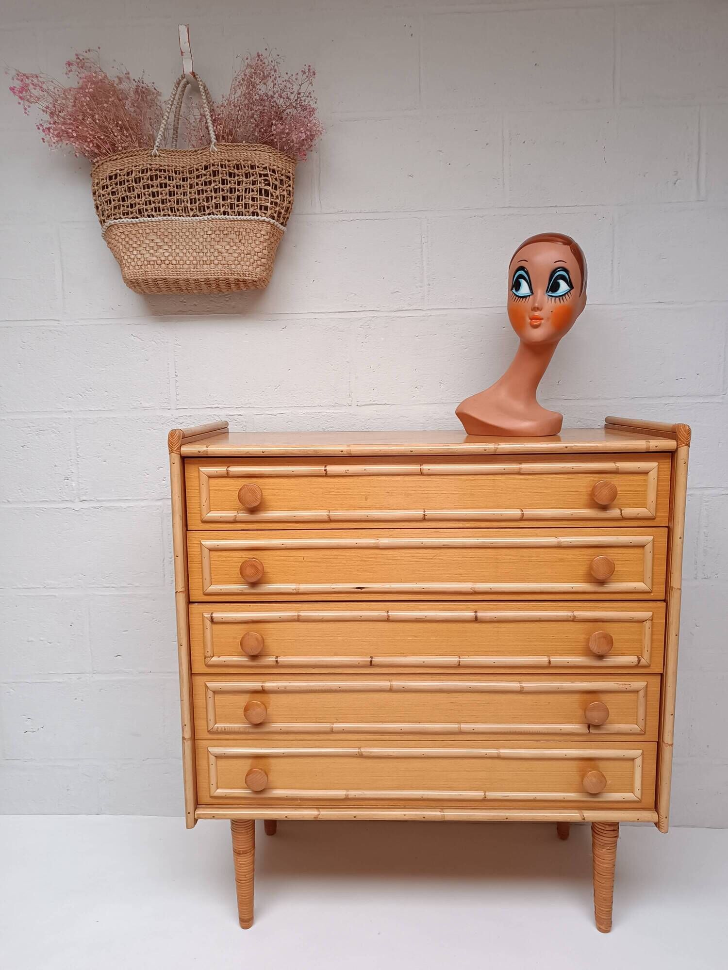 Bamboo and rattan wood chest of drawers from the 60s