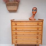 Bamboo and rattan wood chest of drawers from the 60s